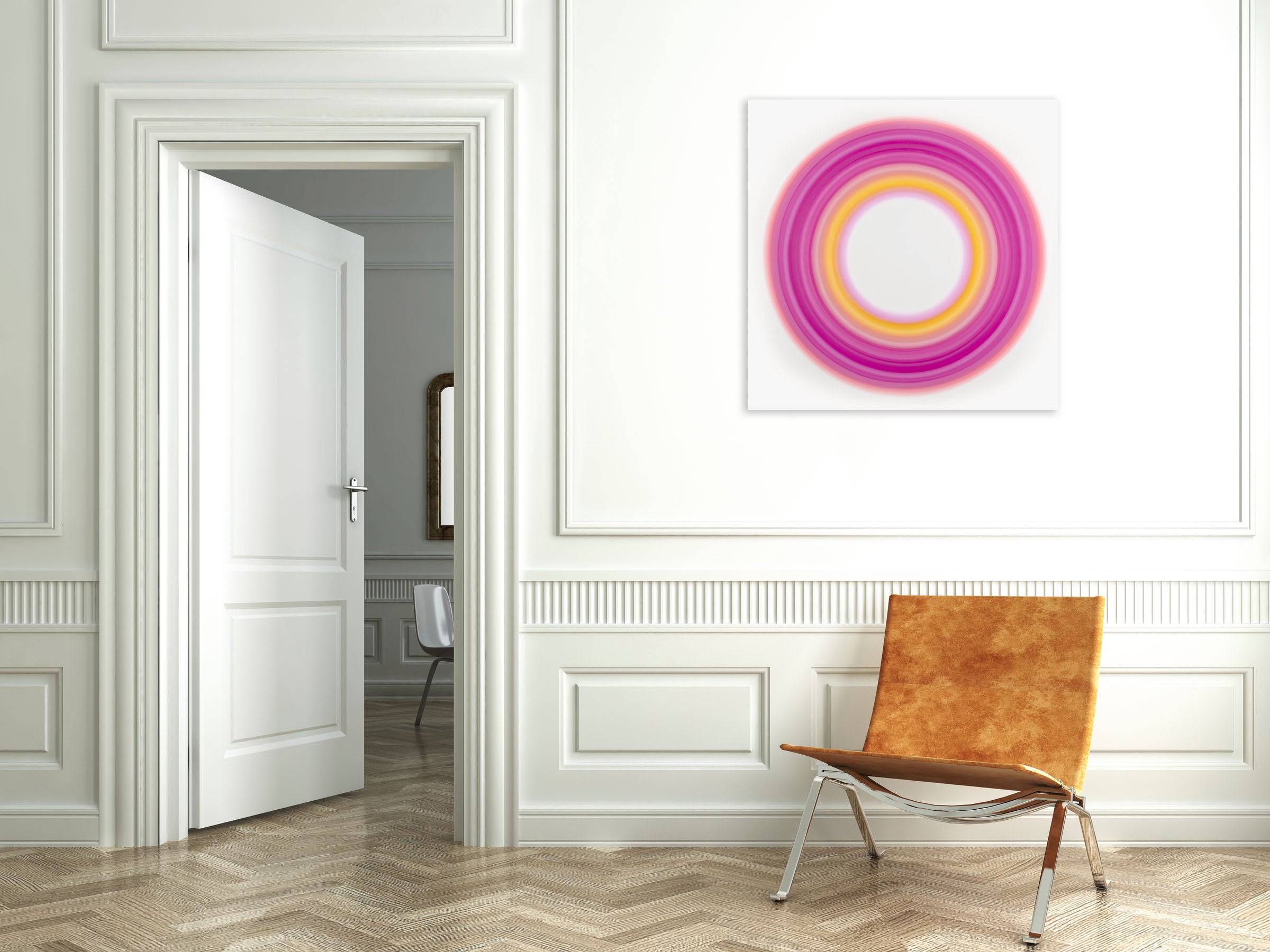 A pink and yellow circle on a white background.
