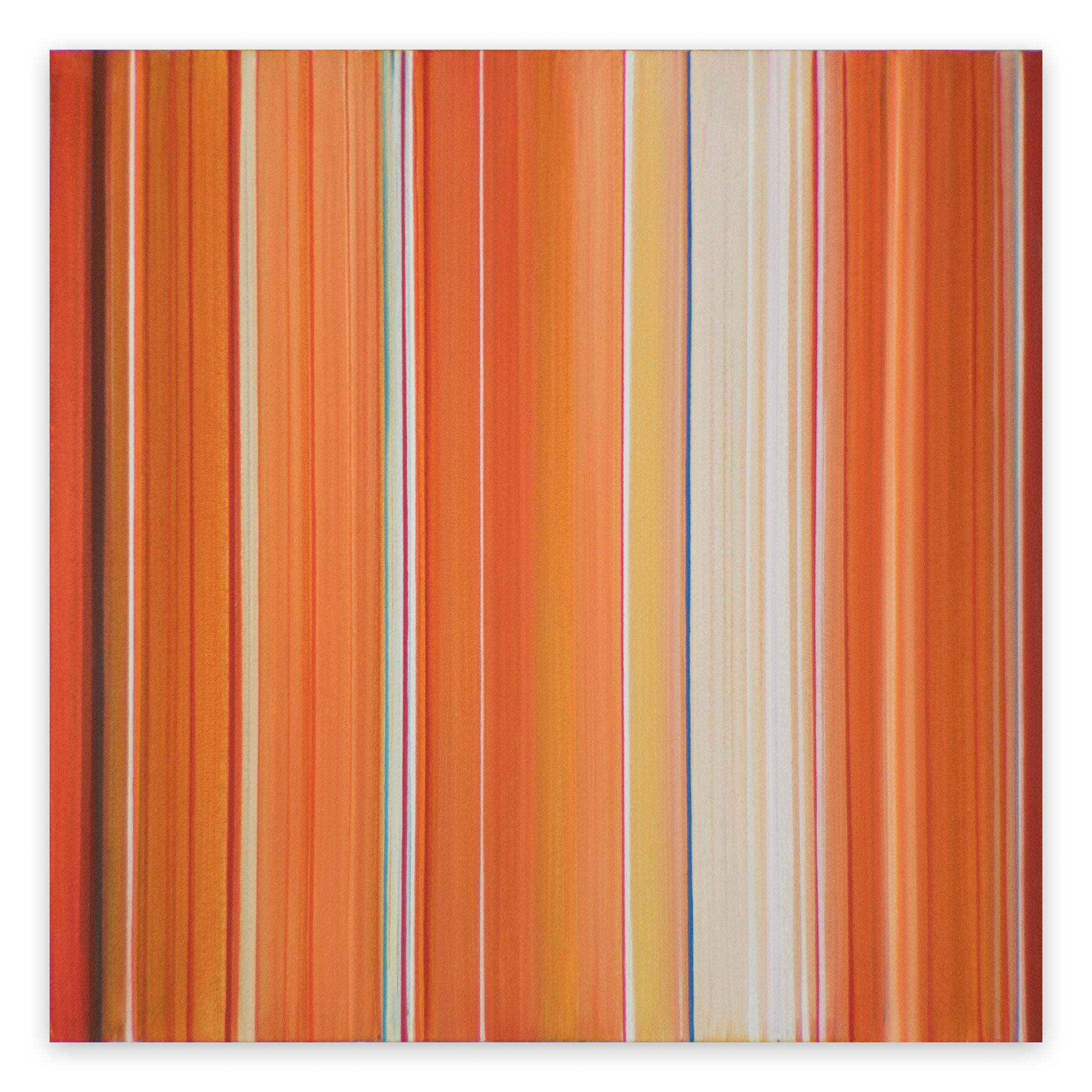 An orange and blue striped painting on a white background.