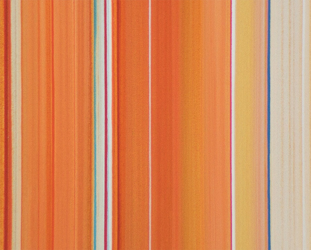 An orange and blue striped painting on a white background.