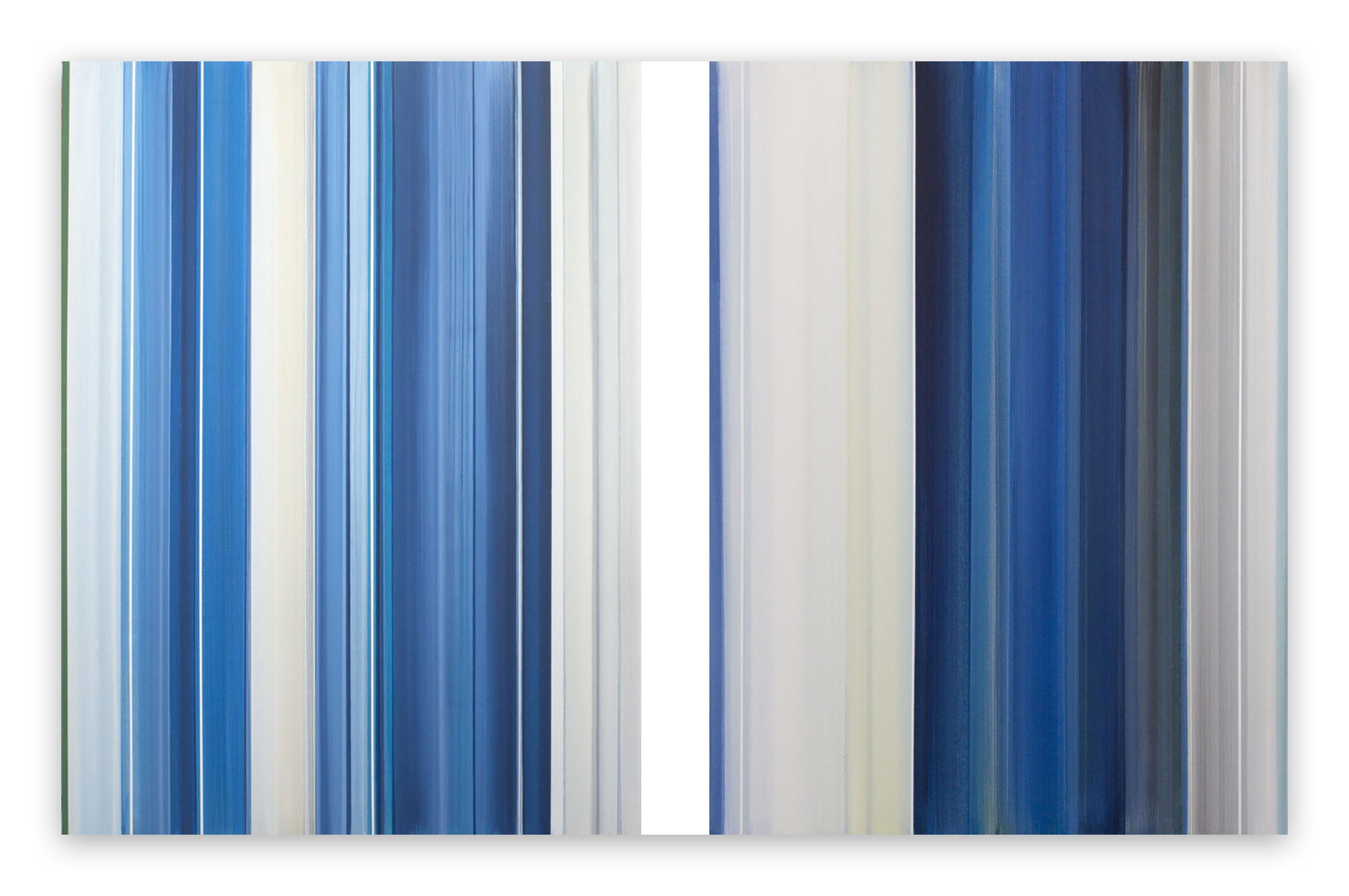 A blue and white striped painting on a white wall.