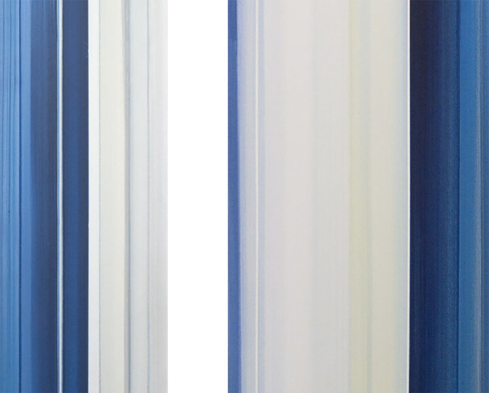 A blue and white striped painting on a white wall.