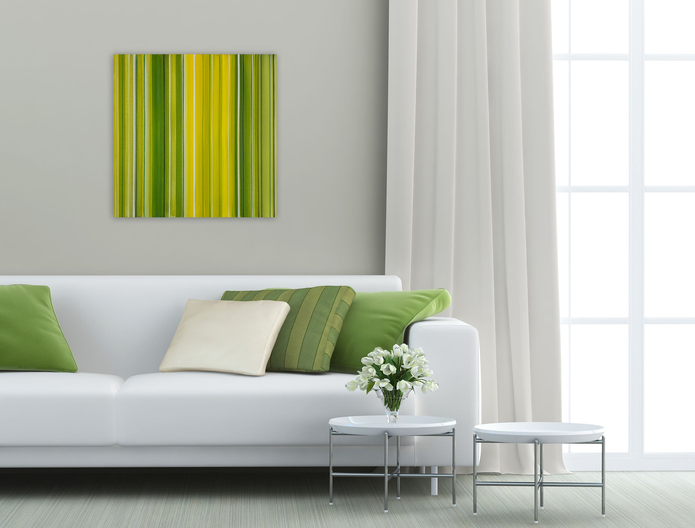A painting of green and yellow stripes on a white background.
