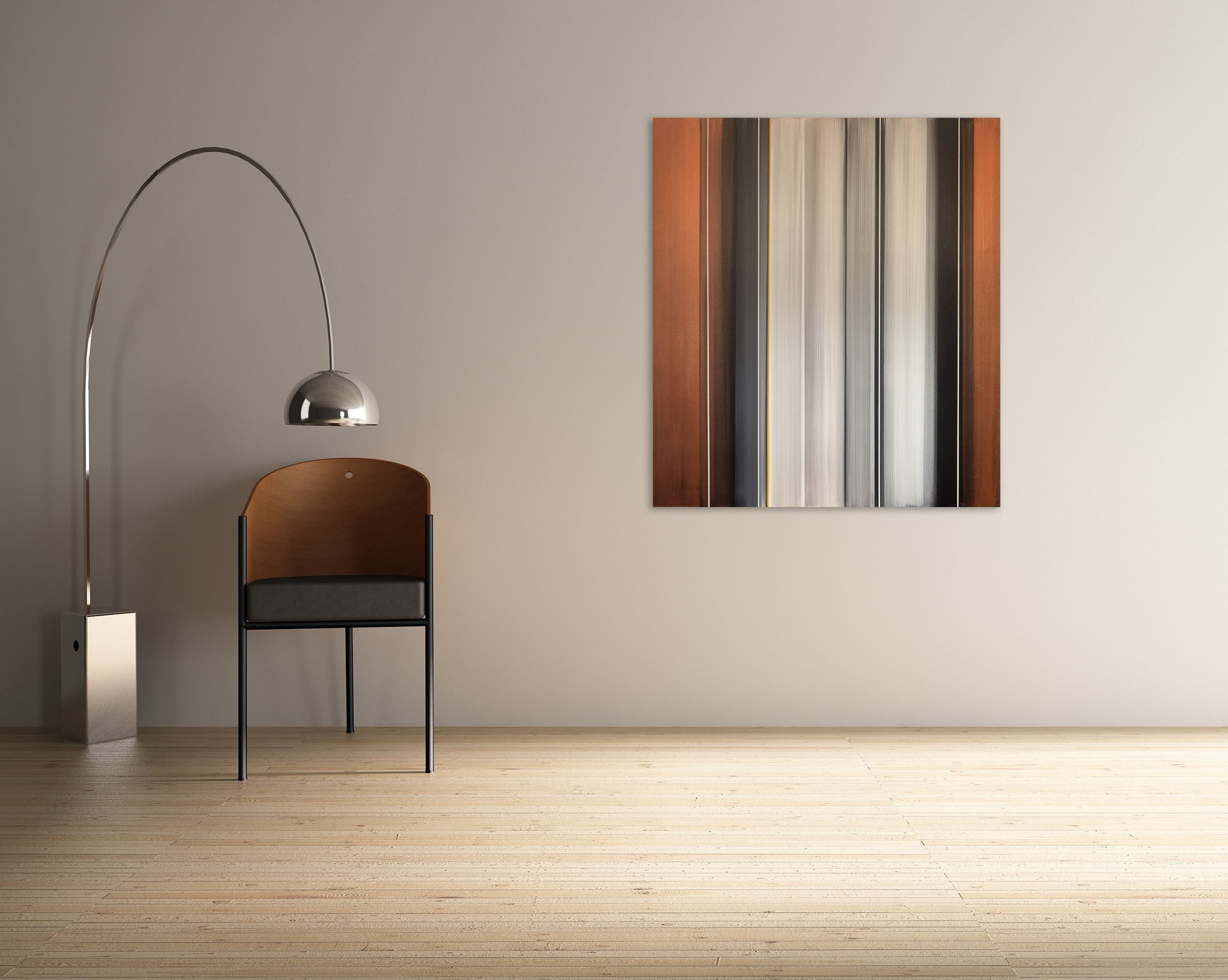 A painting of a brown, silver, and black striped wall.