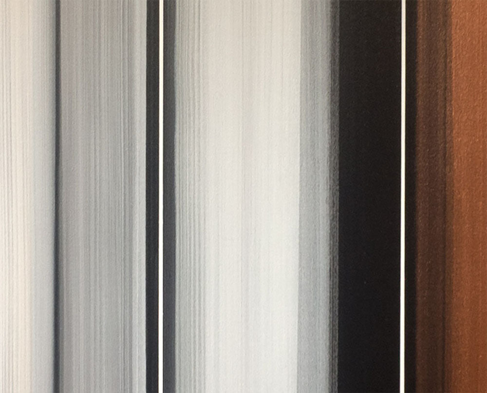 A painting of a brown, silver, and black striped wall.