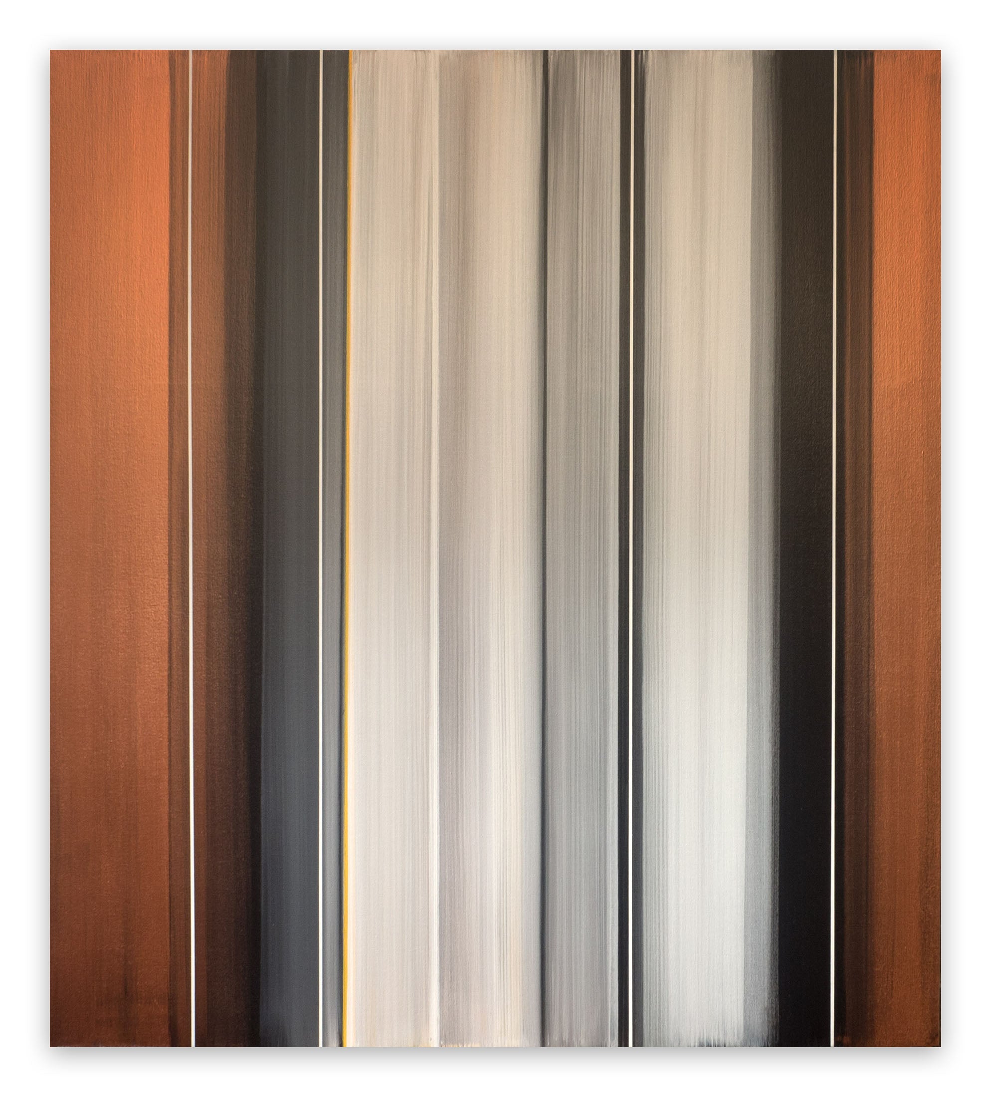 A painting of a brown, silver, and black striped wall.