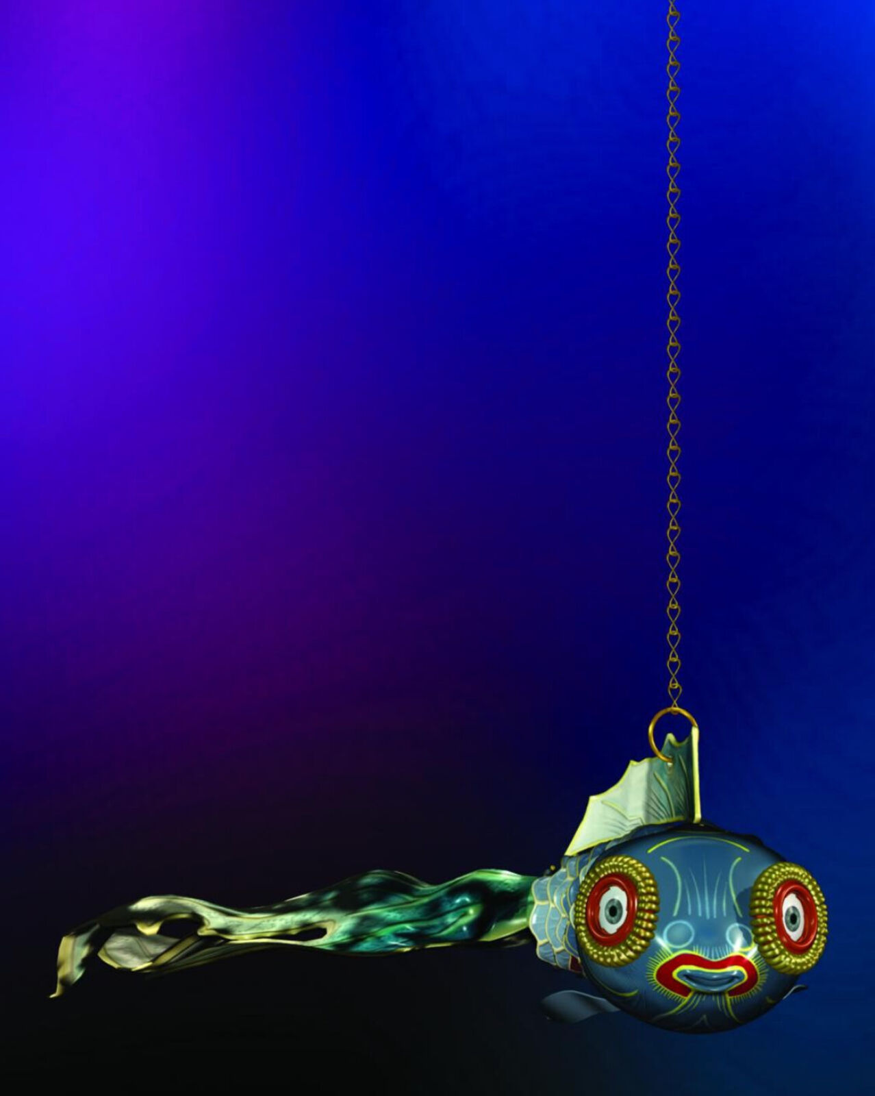 A fish hanging from a chain on a blue background.