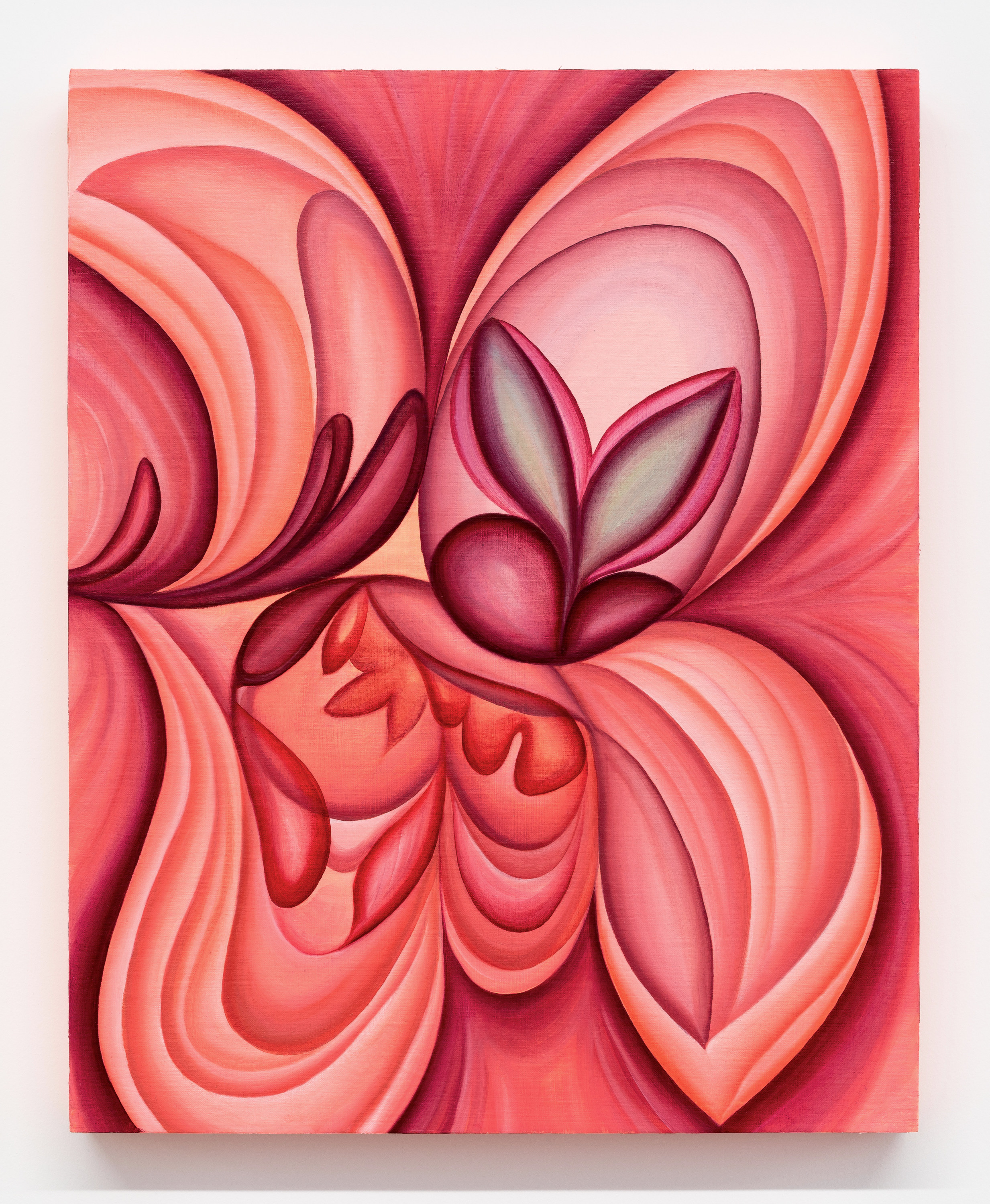 A painting of a pink flower on a white wall.
