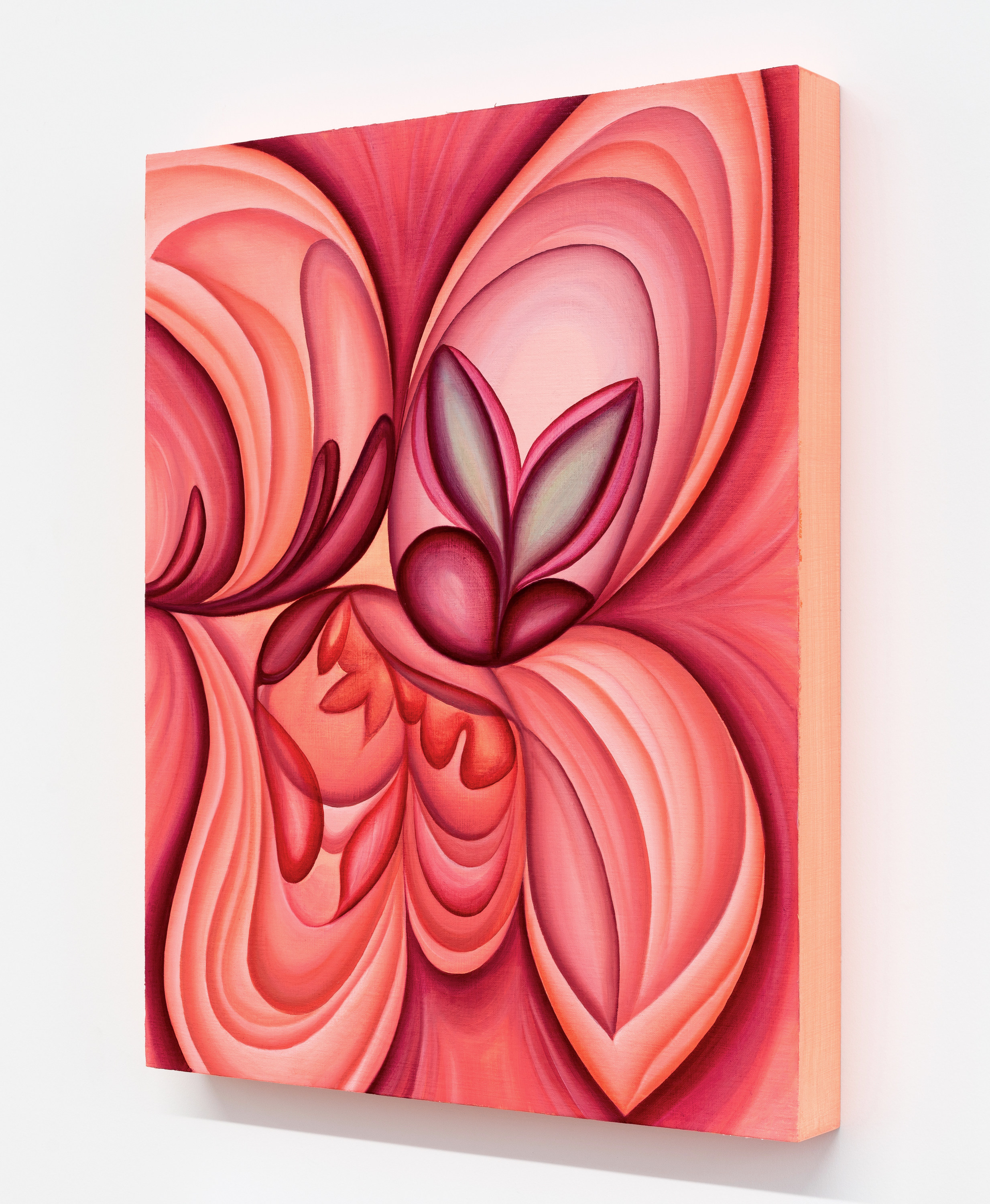 A painting of a pink flower on a white wall.