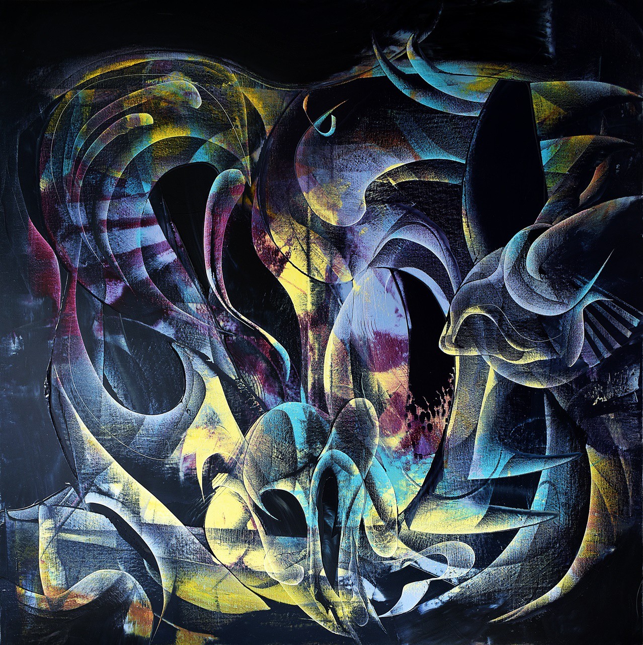 A dark, abstract composition of swirling organic forms in vibrant neon colors against a black background.