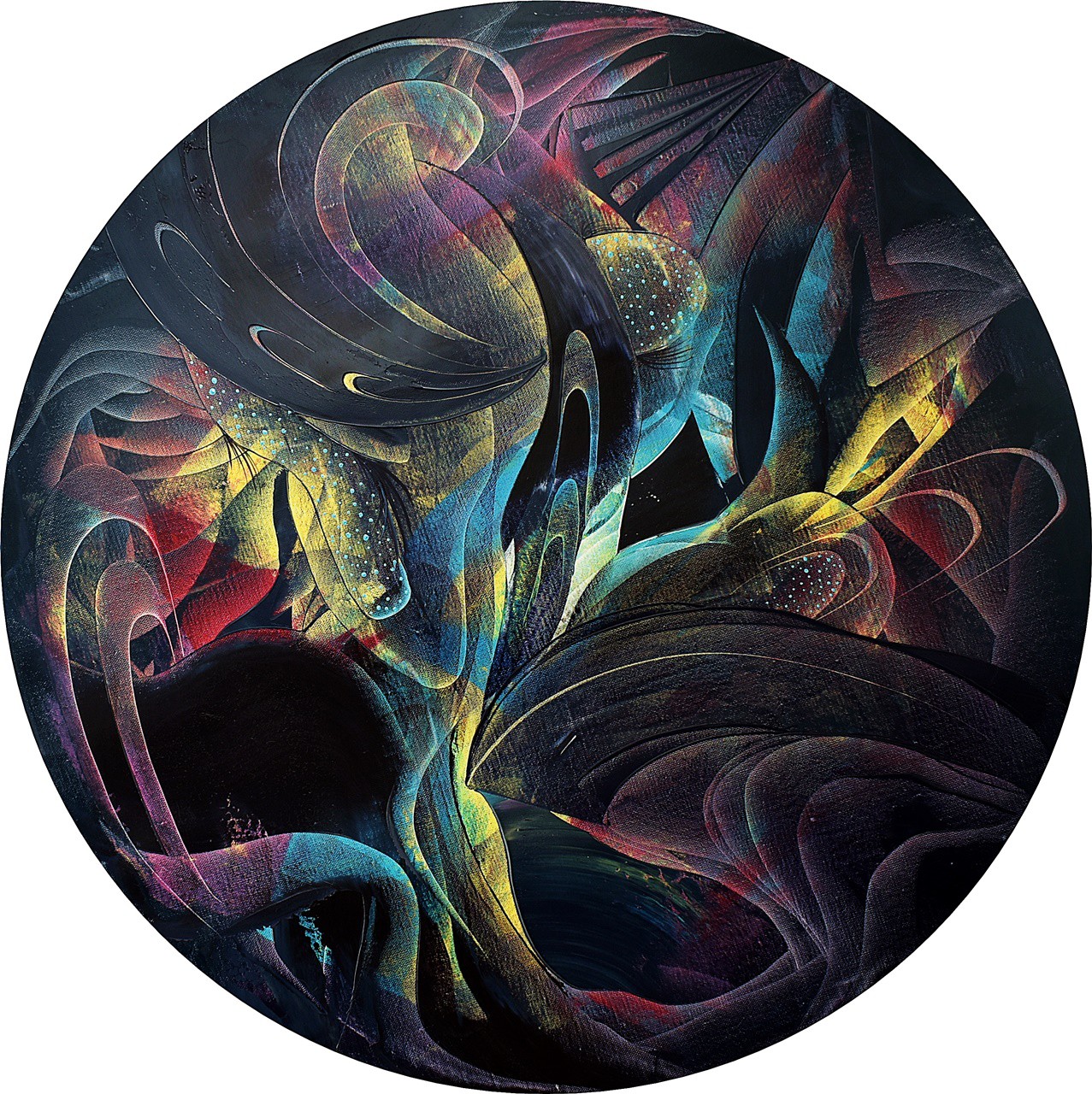 A swirling abstract composition of fluid forms in deep blues, golds, and reds.