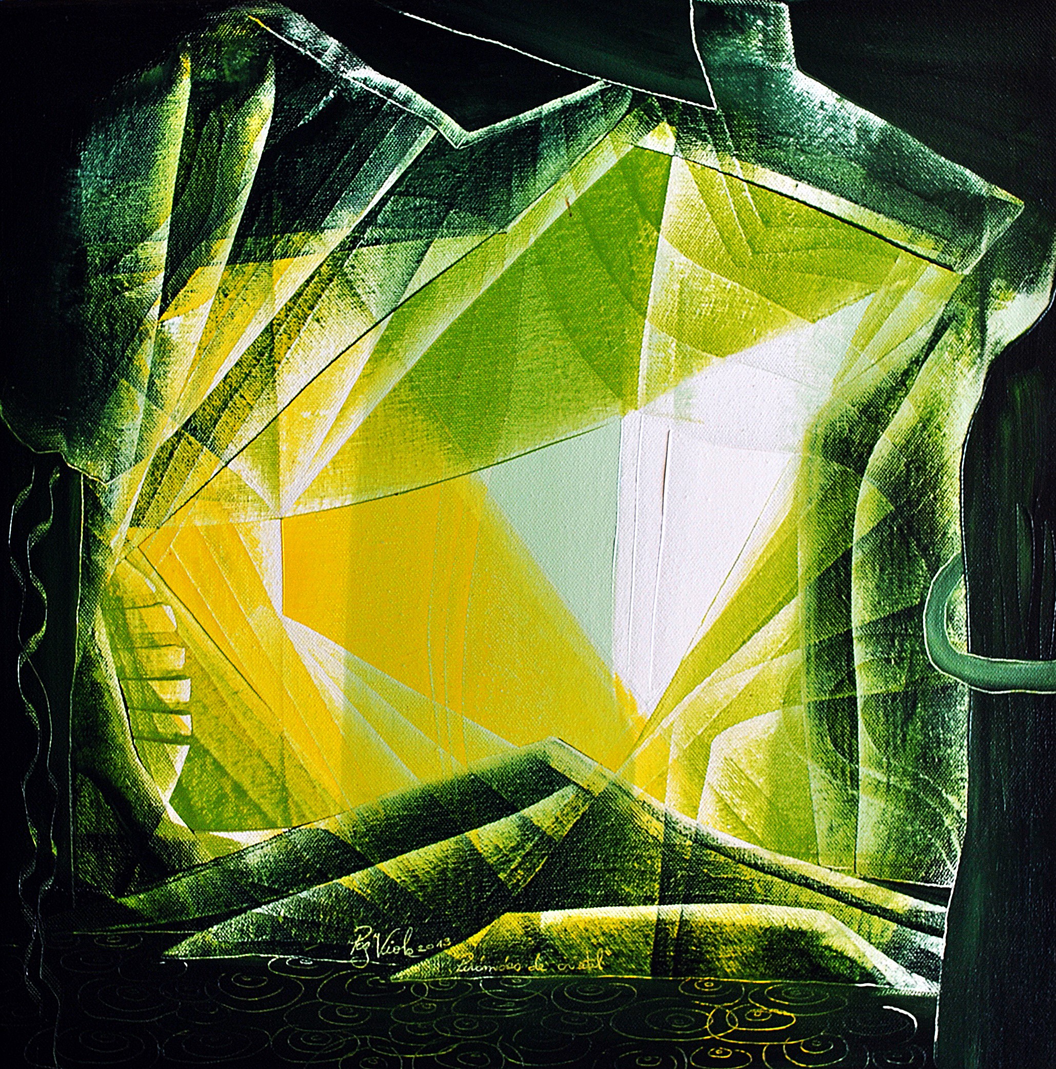 A painting of a green and yellow abstract painting.