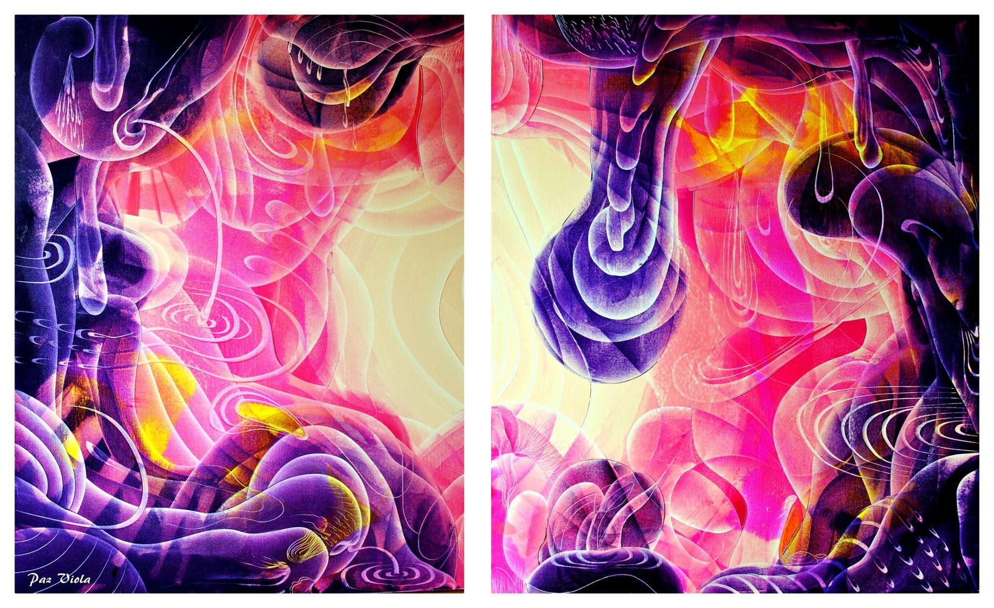 A pair of abstract paintings of purple and pink colors.