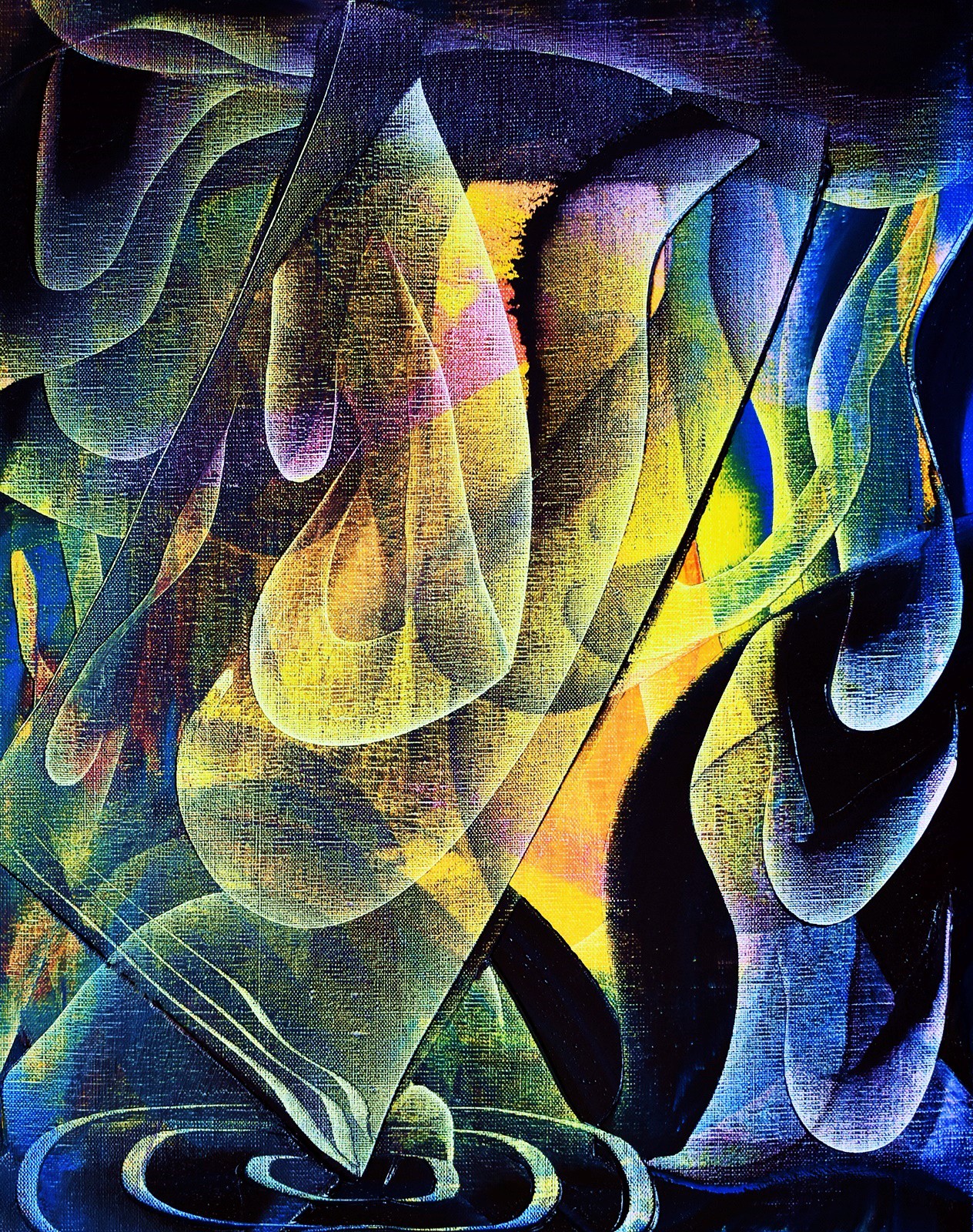 An abstract composition of layered, translucent forms in a vibrant palette of yellow, blue, and purple.