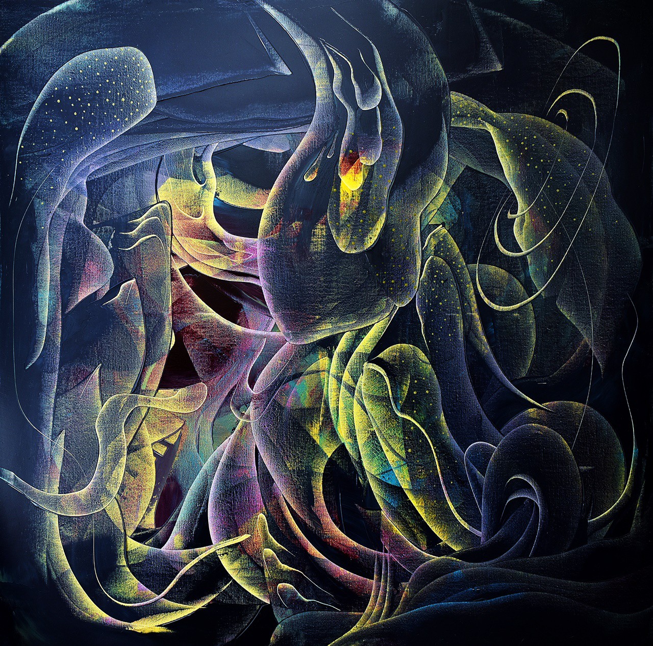A surreal, abstract composition of glowing, organic forms swirling in a dark void.