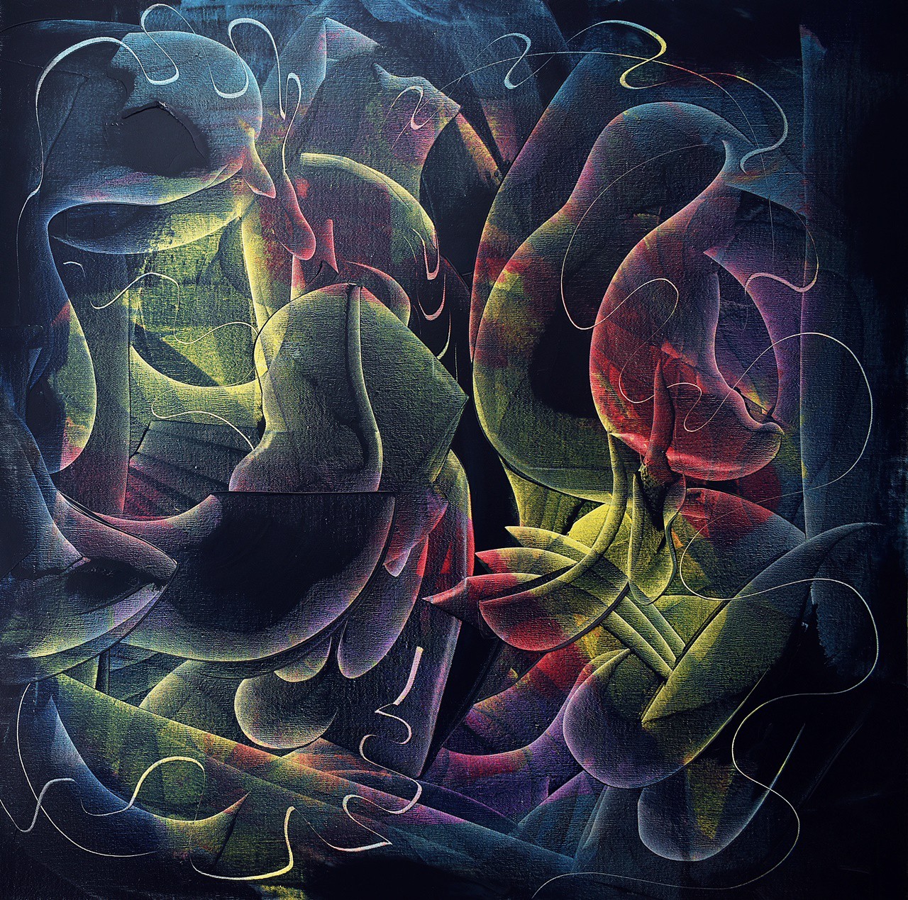 An abstract composition of fluid, organic shapes in a dark, moody palette.