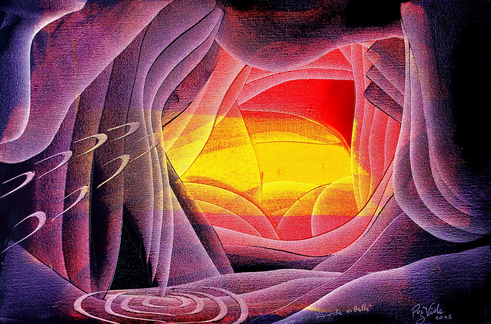 A vibrant abstract composition featuring a glowing yellow core surrounded by layered, wavy forms in purple and red tones.