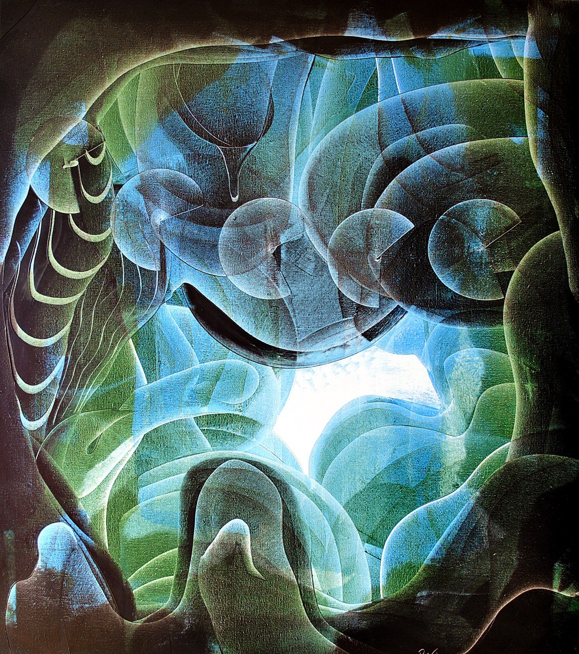 A surreal abstract composition of layered, organic shapes in deep blues and greens.