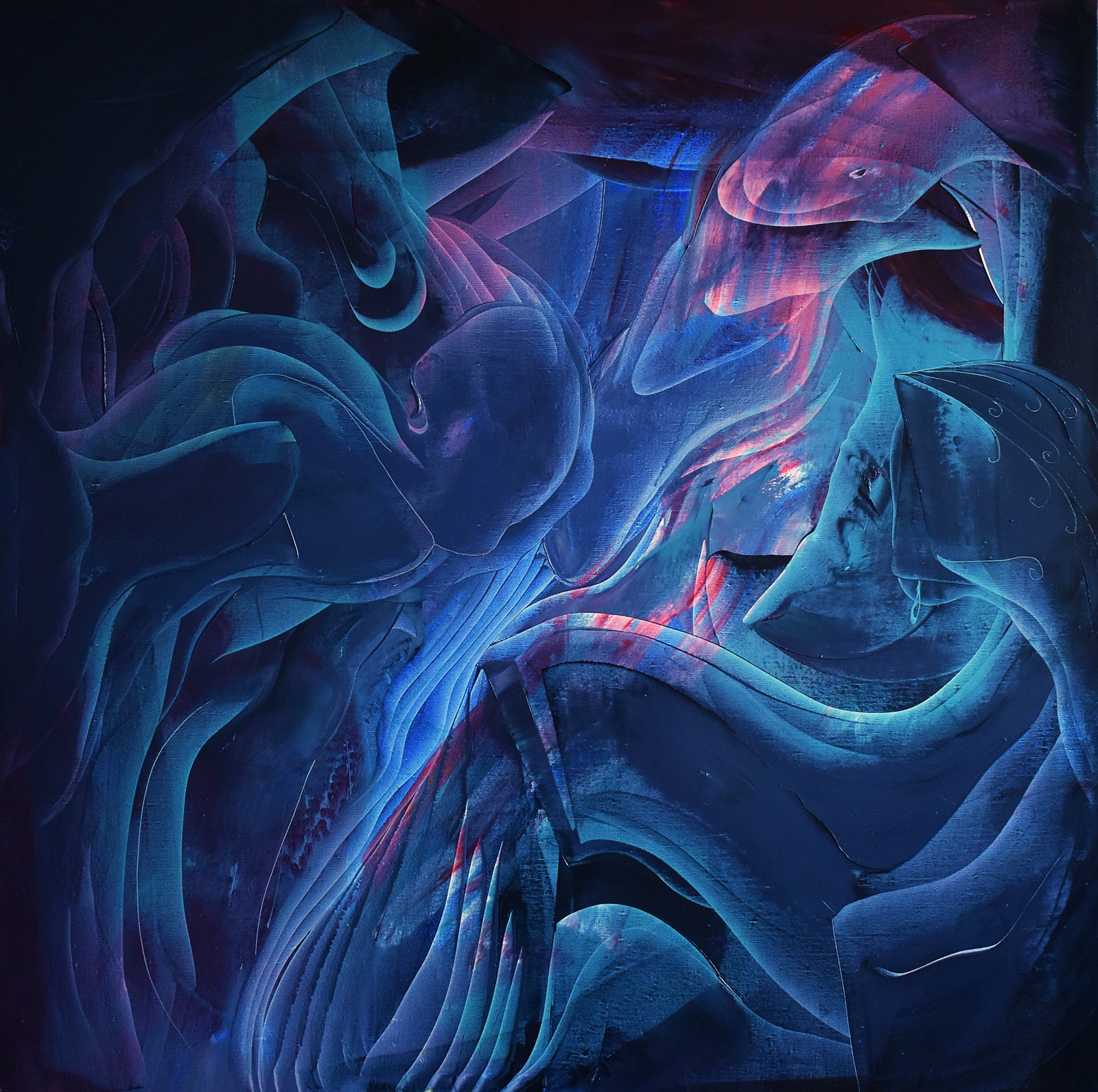 A digital painting of a blue and red abstract design.