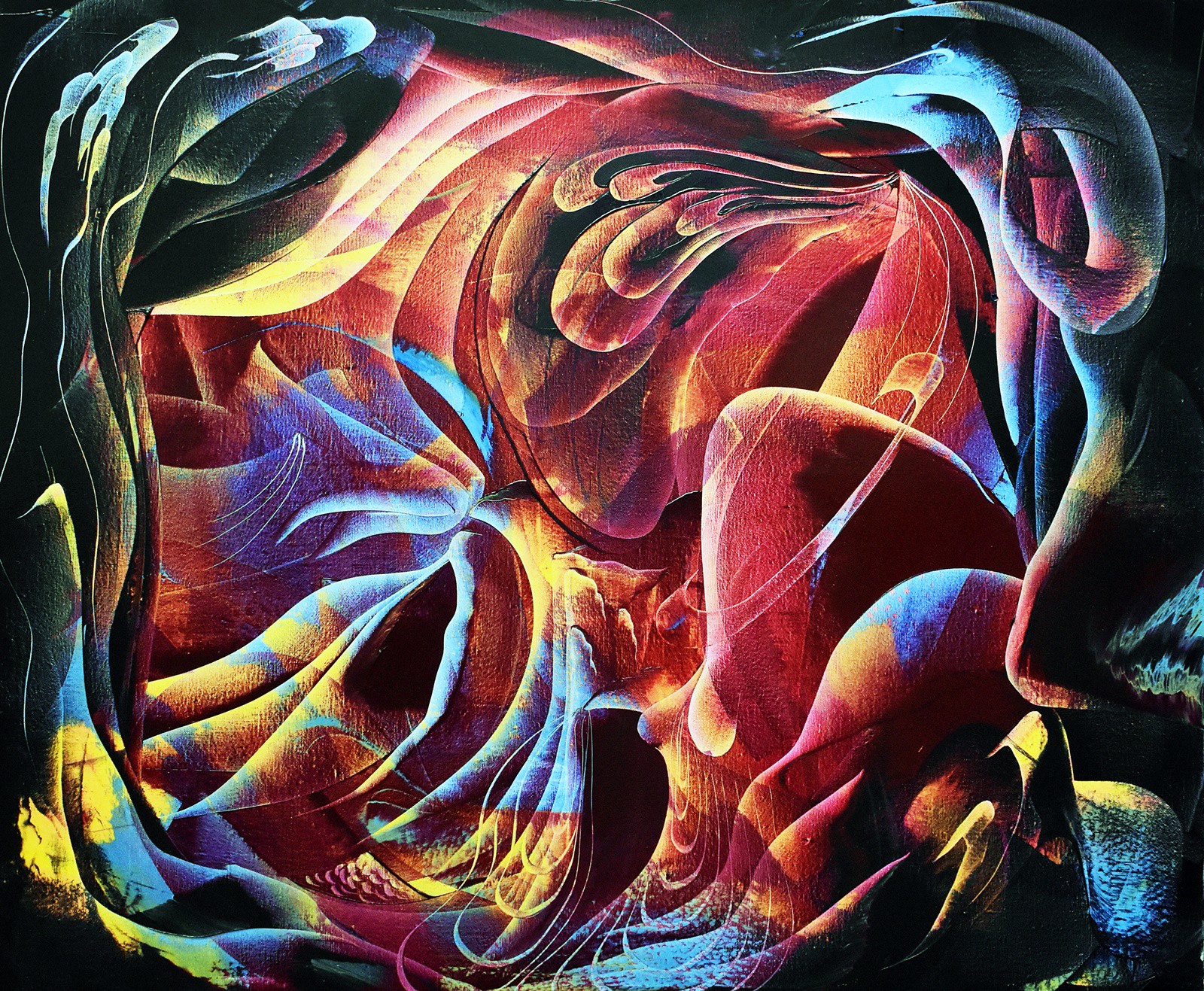 A vibrant abstract composition of swirling, organic forms in a fiery palette.