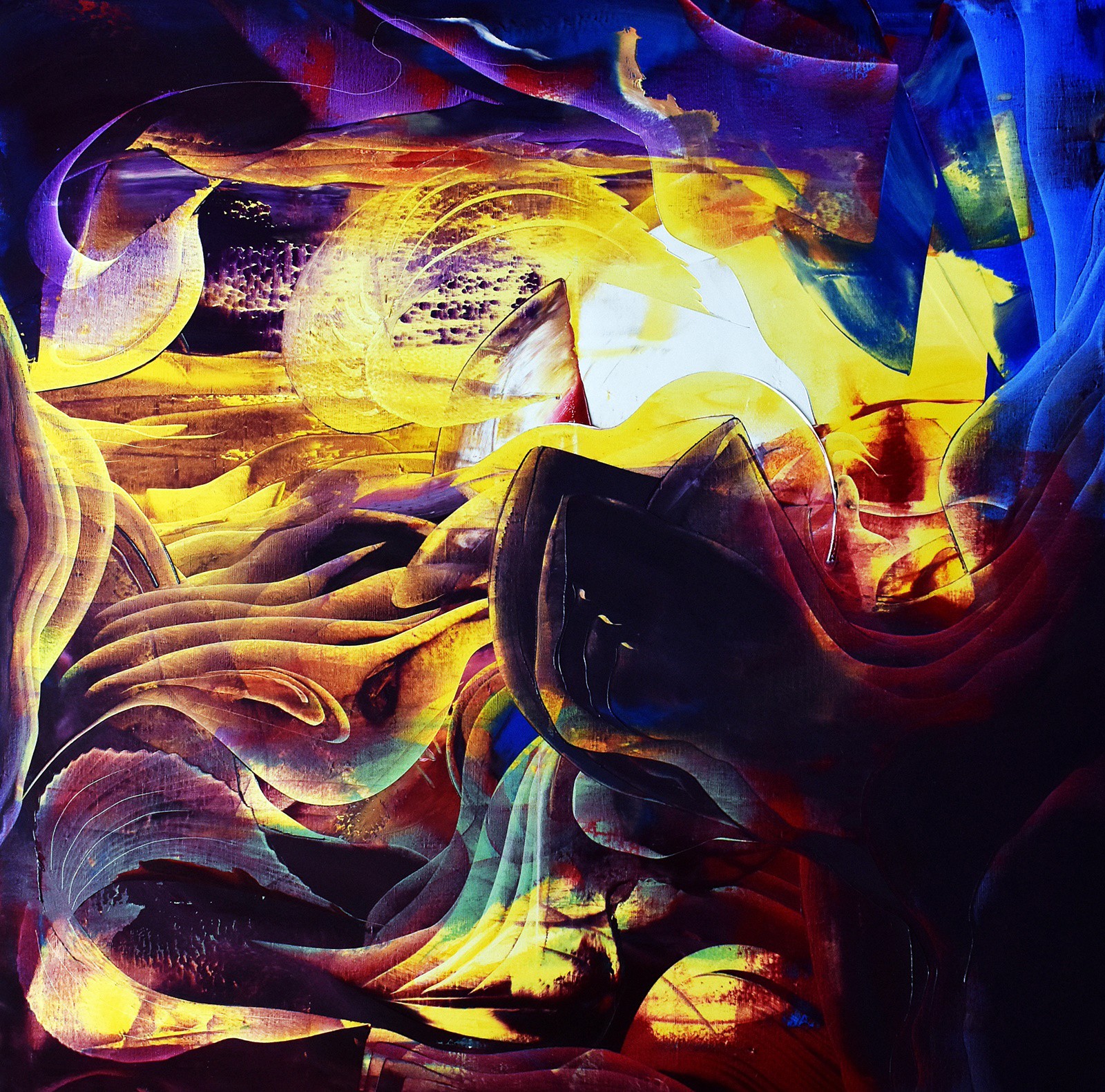 A painting of a colorful abstract painting on a black background.