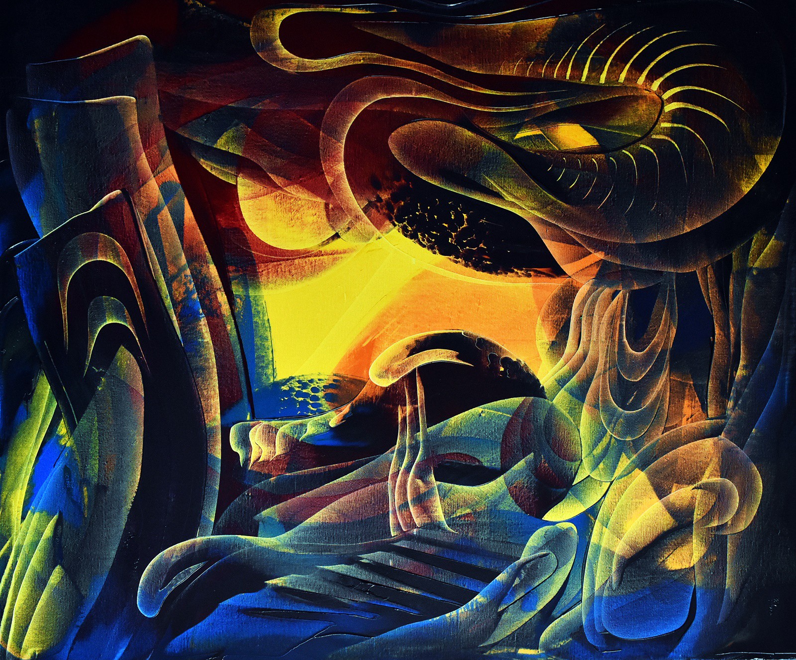 A vibrant abstract composition featuring a central yellow sun-like orb surrounded by swirling organic forms in deep blues and warm tones.