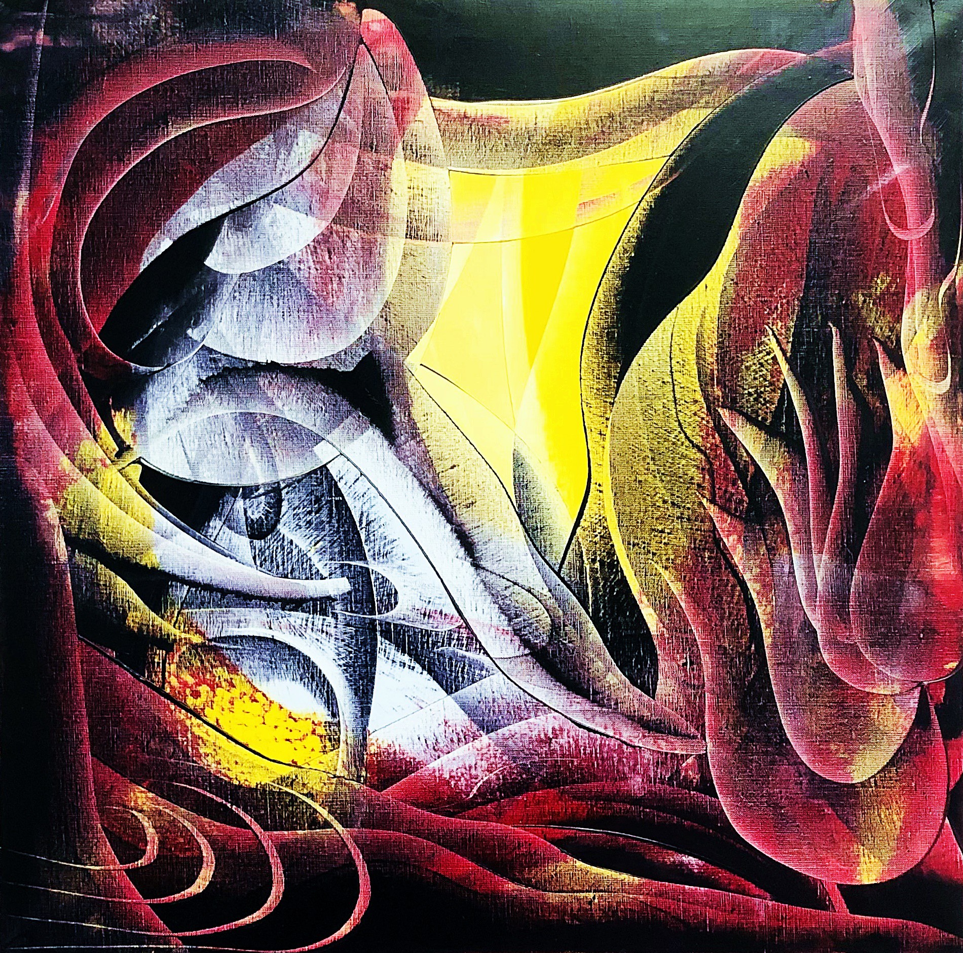 A vibrant abstract composition featuring a stylized face emerging from swirling organic forms.