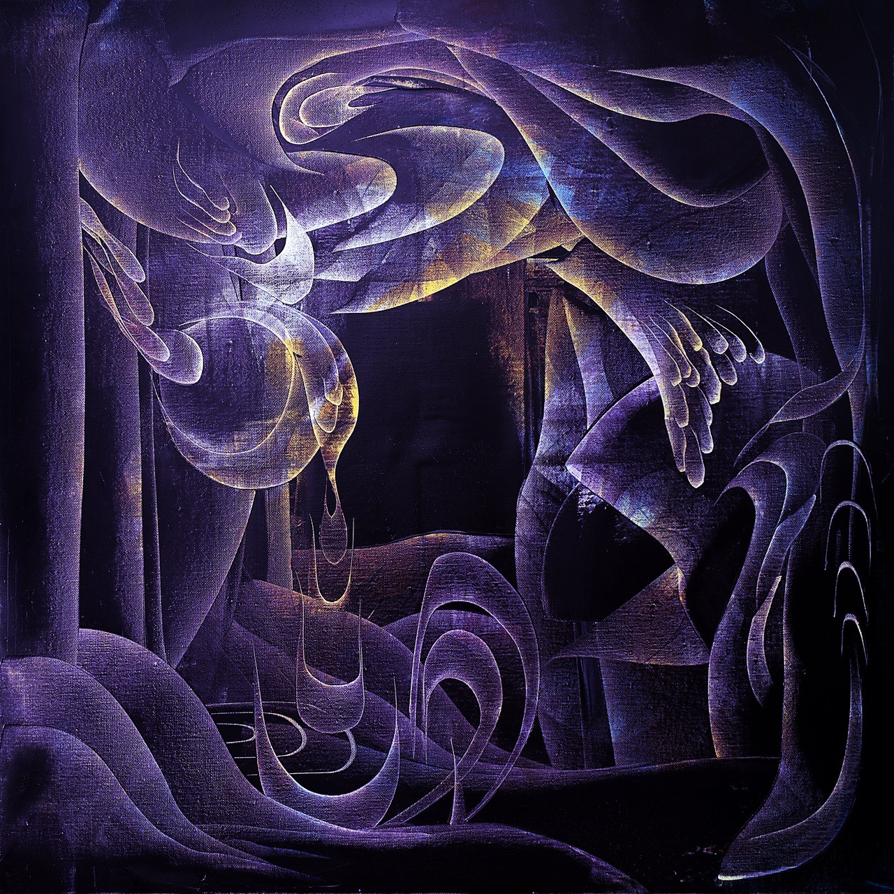 A painting of a purple and black abstract painting on a black background.