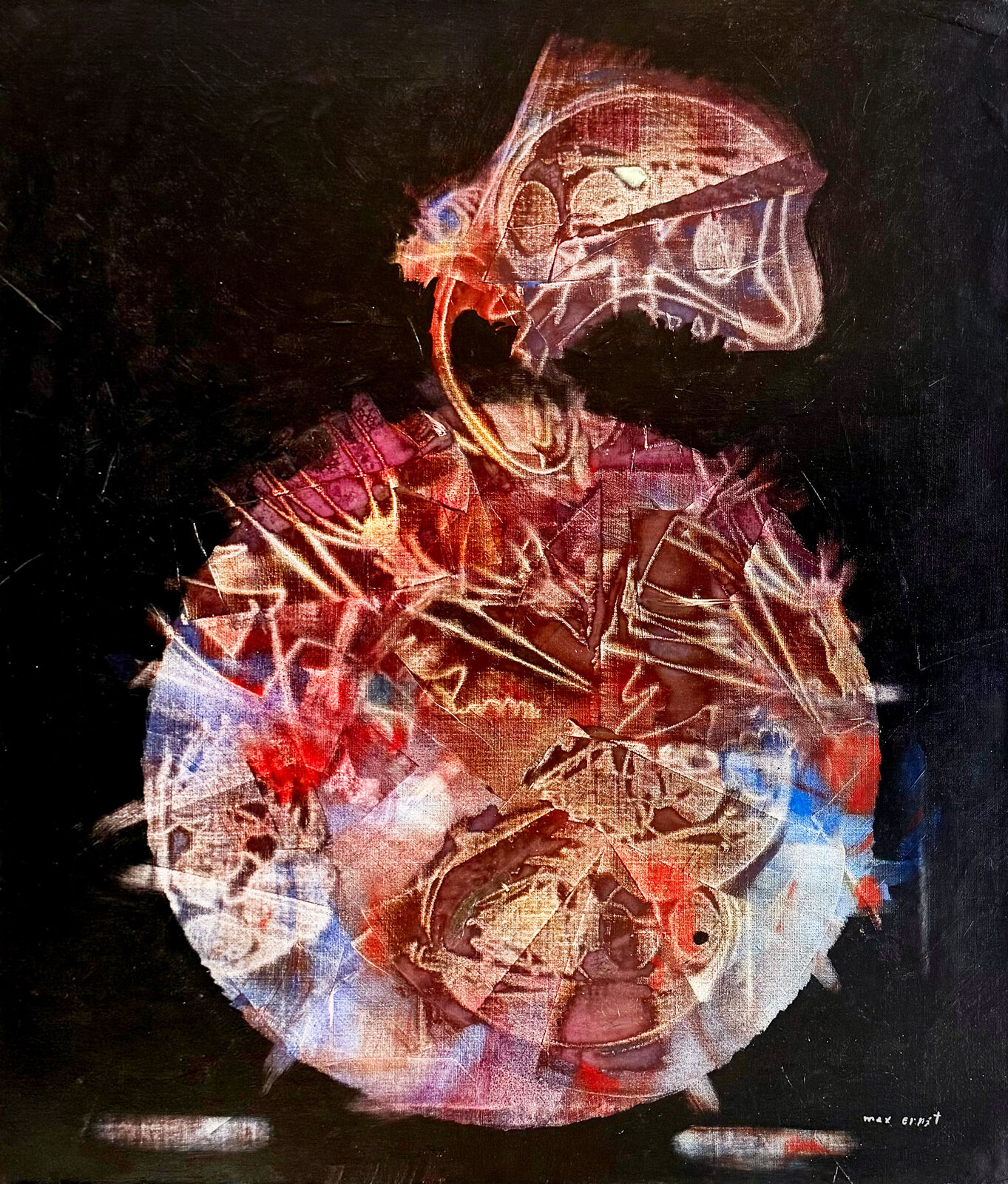 A painting of a bird with a skull on it's head.
