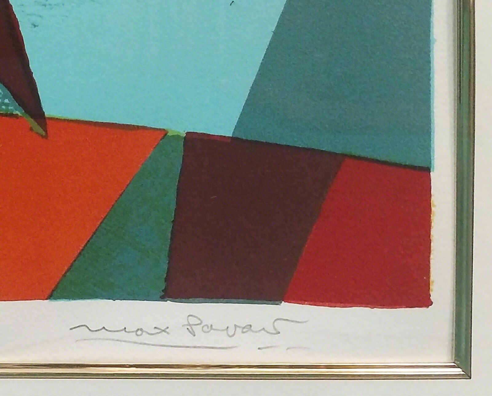 A painting of a skier in a red and white striped suit.