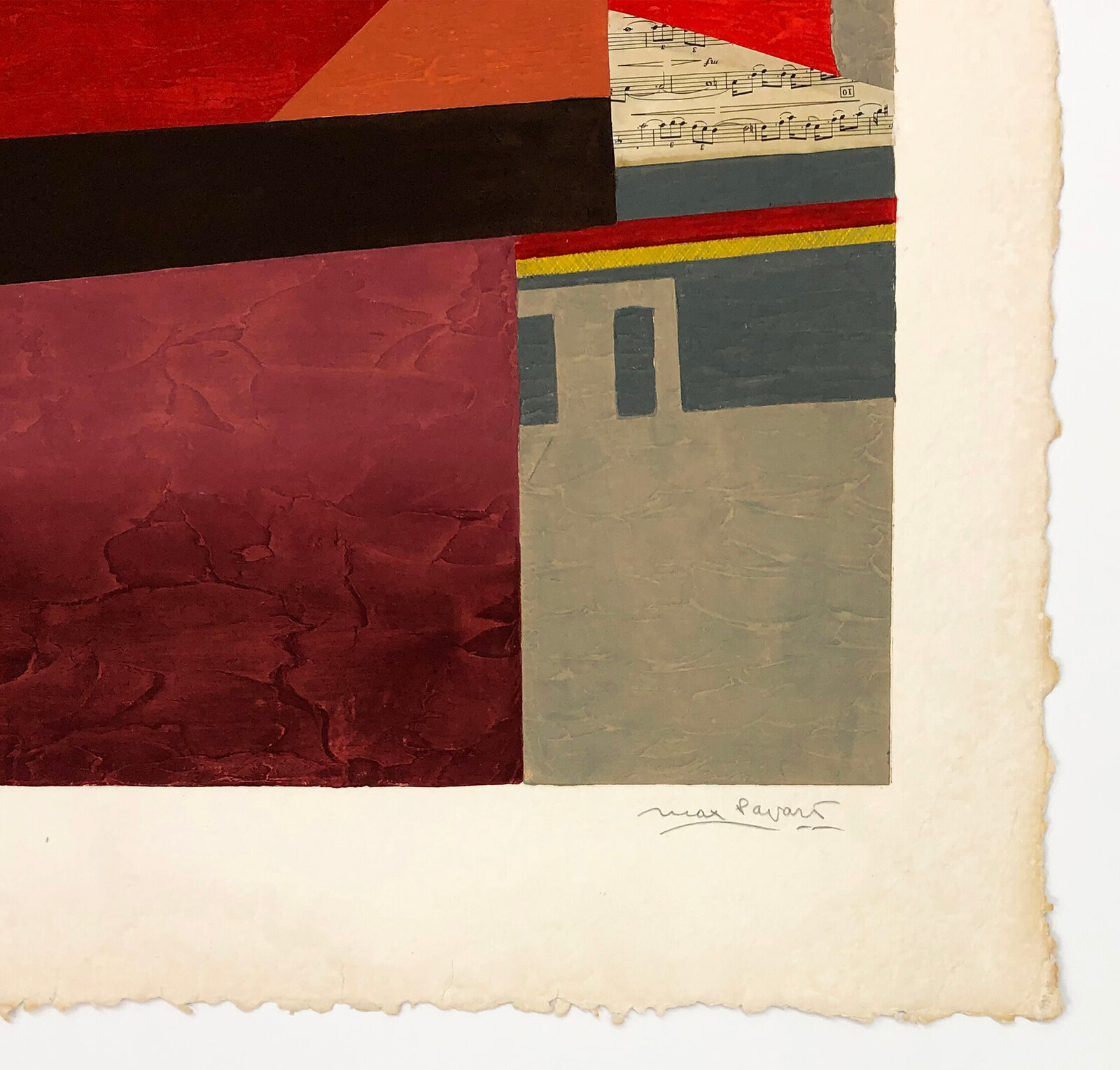 A vibrant abstract composition featuring layered geometric shapes and a landscape motif.
