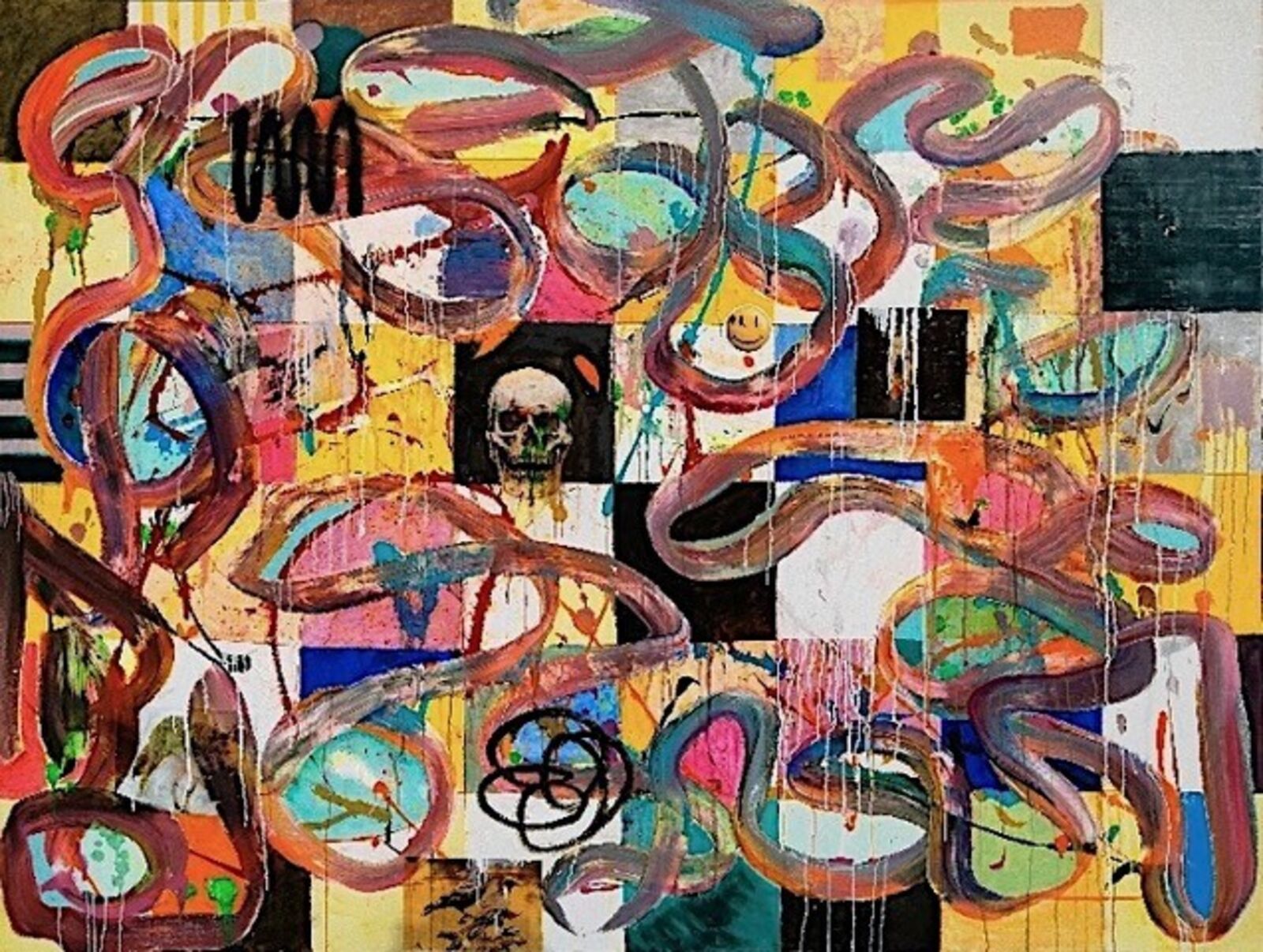 A chaotic abstract composition where thick, organic lines weave over a grid of colorful squares featuring skulls and symbols.
