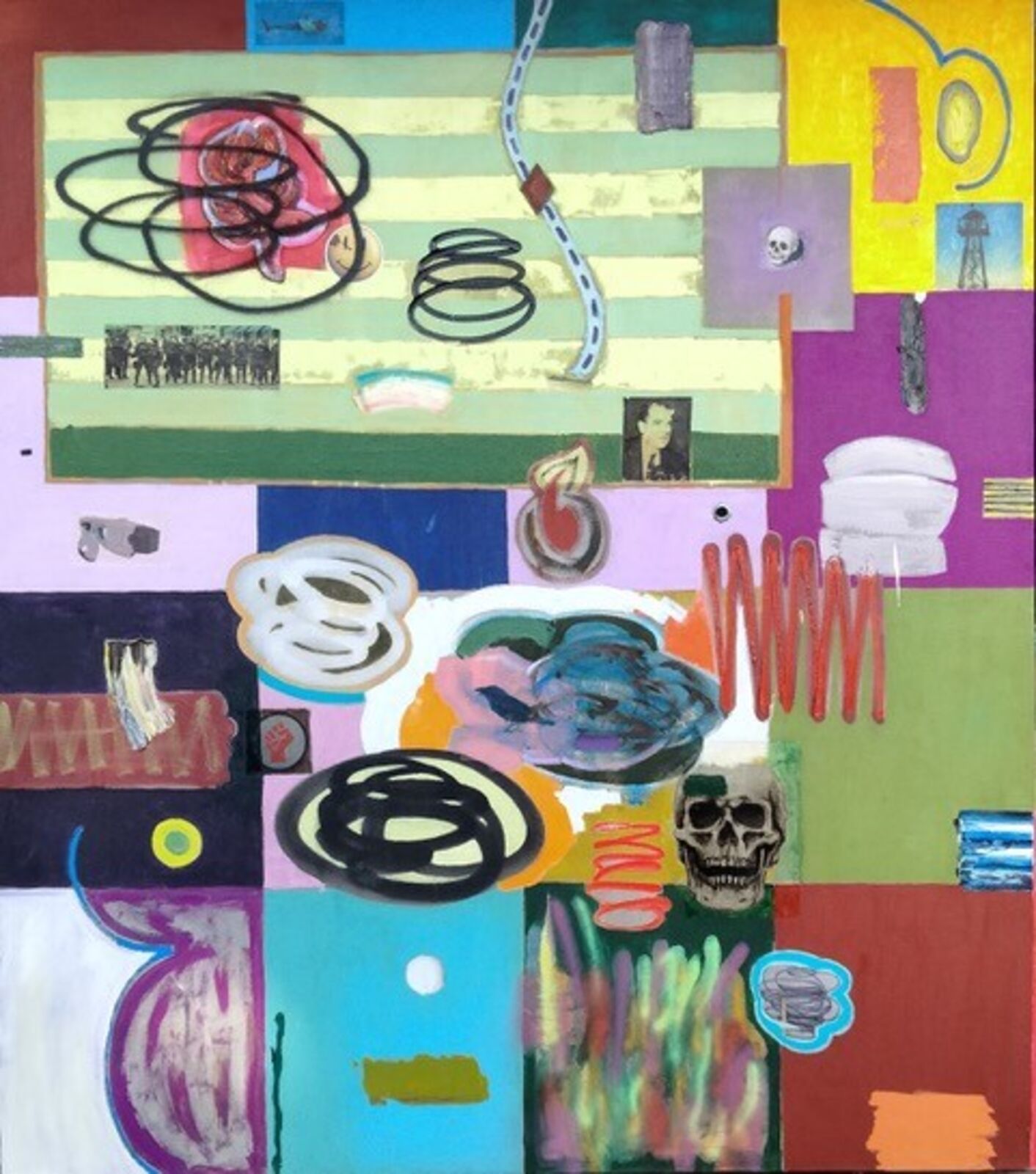 A chaotic collage of colorful geometric blocks, abstract marks, and symbolic imagery including skulls and a water tower.