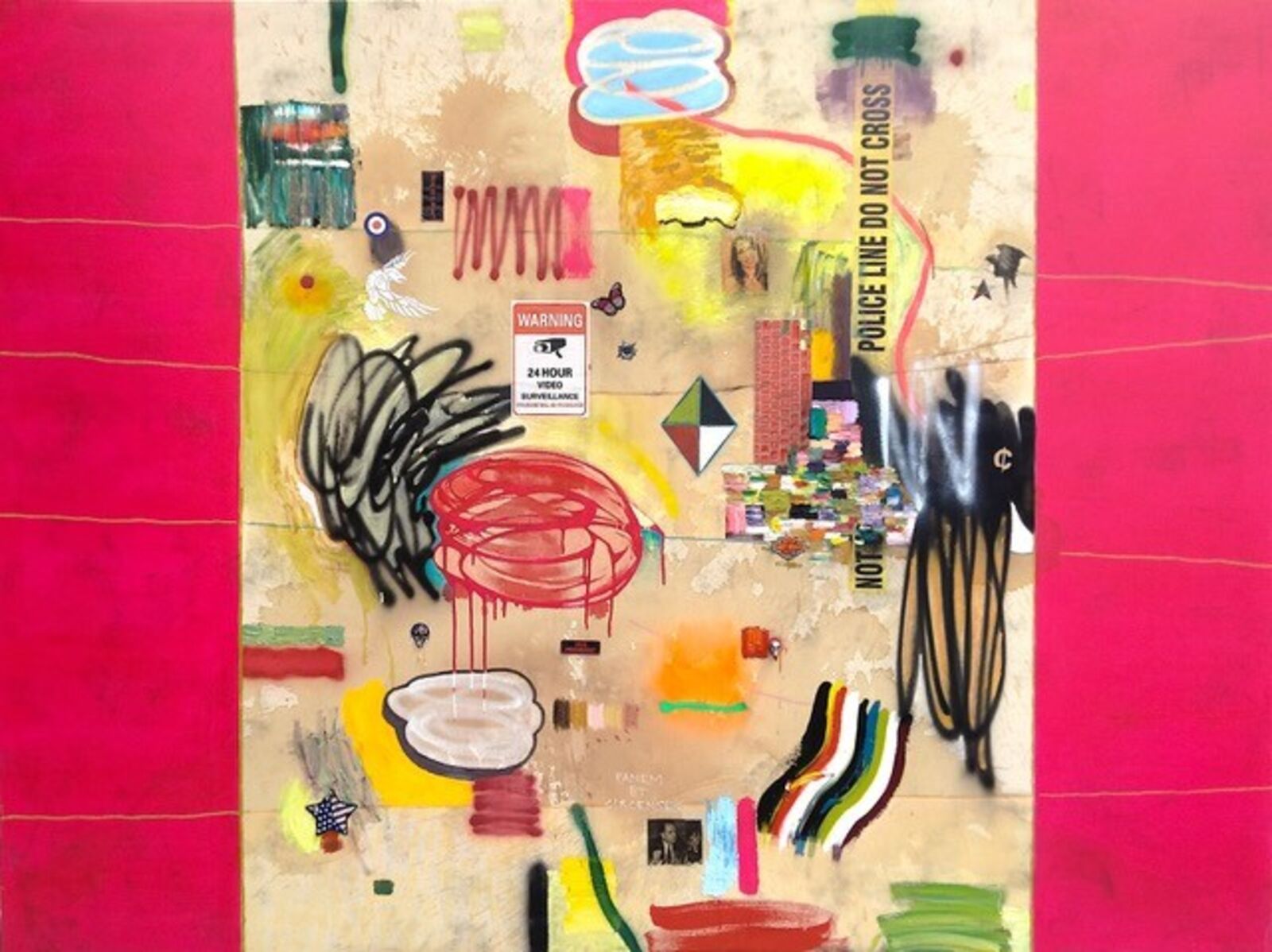 A chaotic collage of urban symbols and abstract marks on a textured beige background framed by bold pink panels.