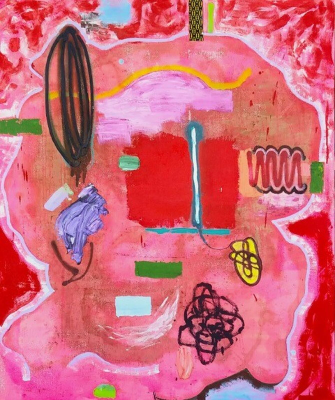 A vibrant abstract composition featuring a stylized face with bold colors and expressive marks.