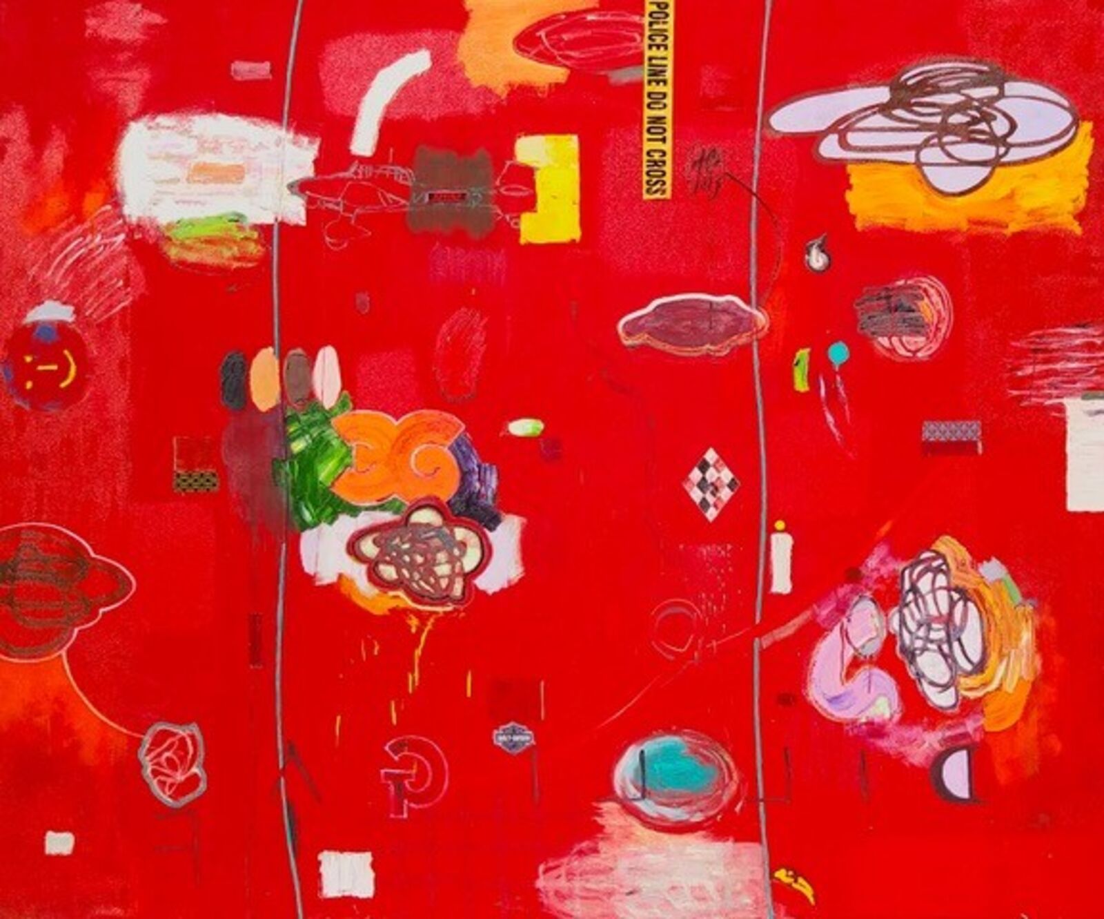 A chaotic collage of abstract symbols and text fragments on a vibrant red background.