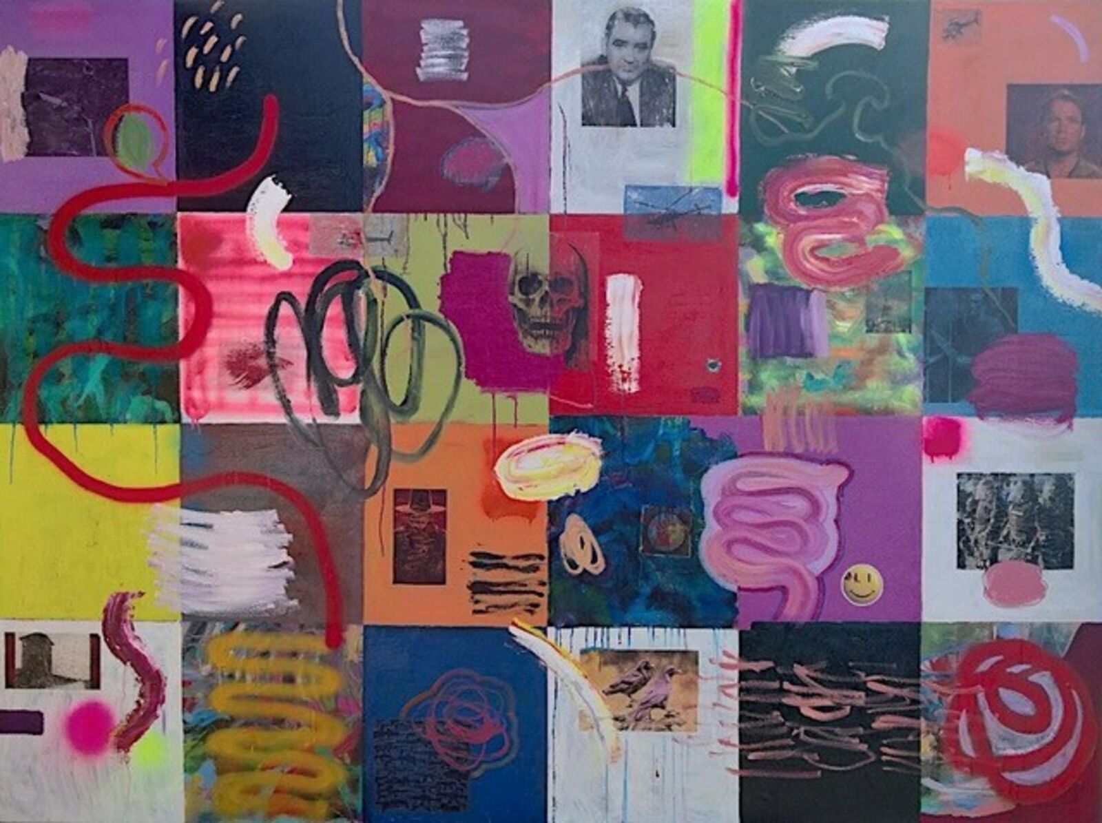 A chaotic collage of abstract shapes, photographic fragments, and bold colors.