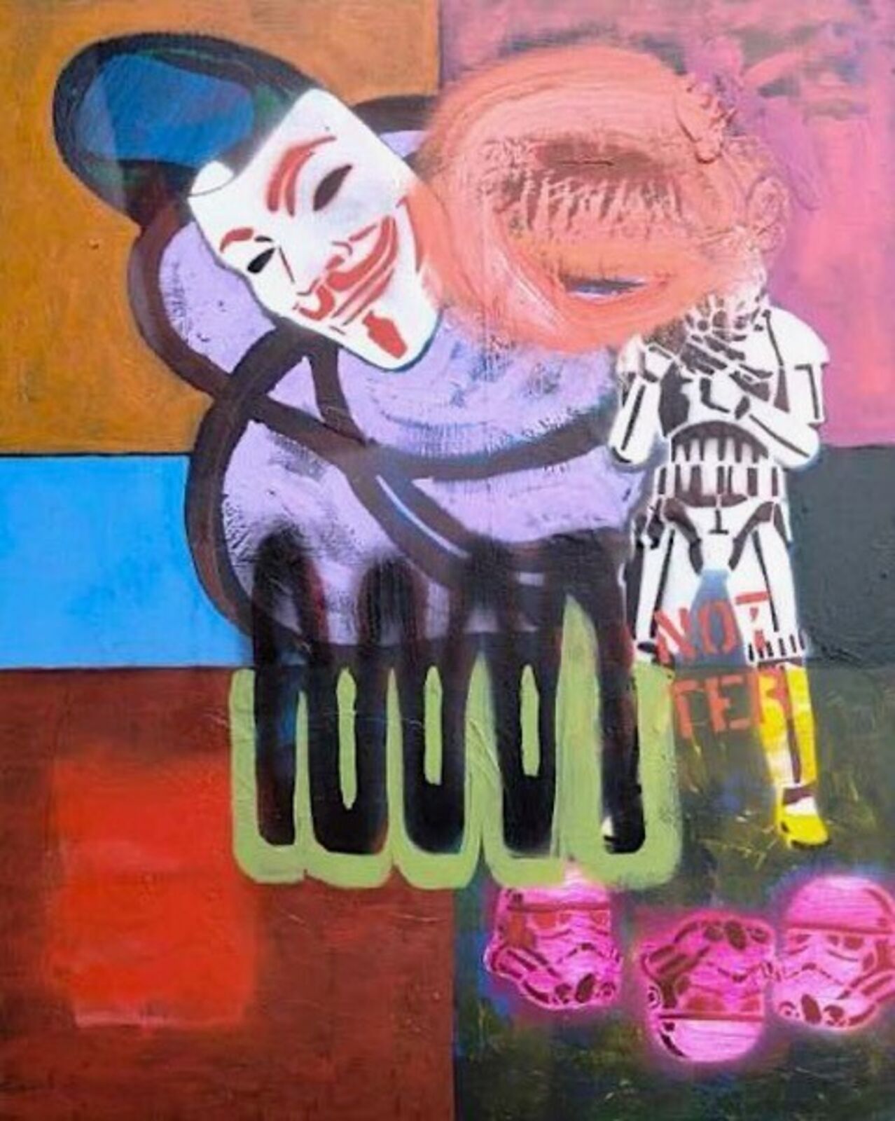 A chaotic collage of figures and masks against a vibrant, multi-colored background.