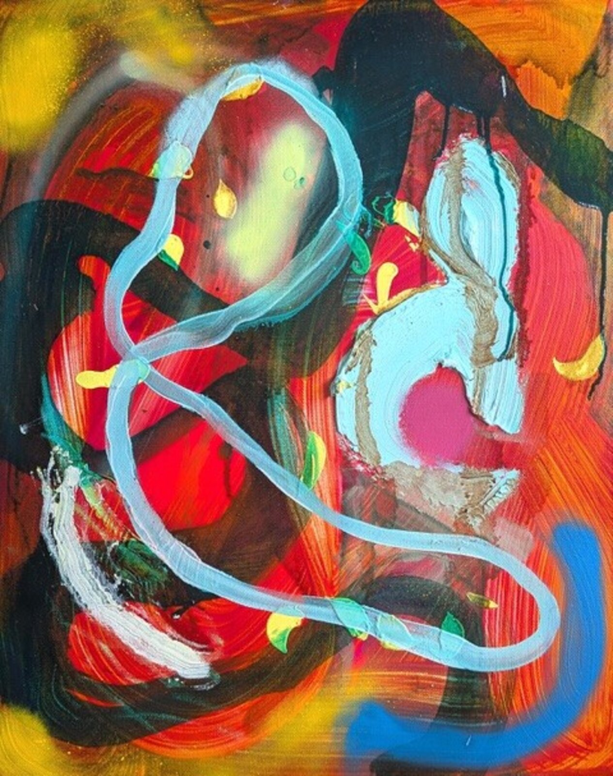 A vibrant abstract painting featuring a light blue ribbon-like form against a chaotic background of red, orange, and black.
