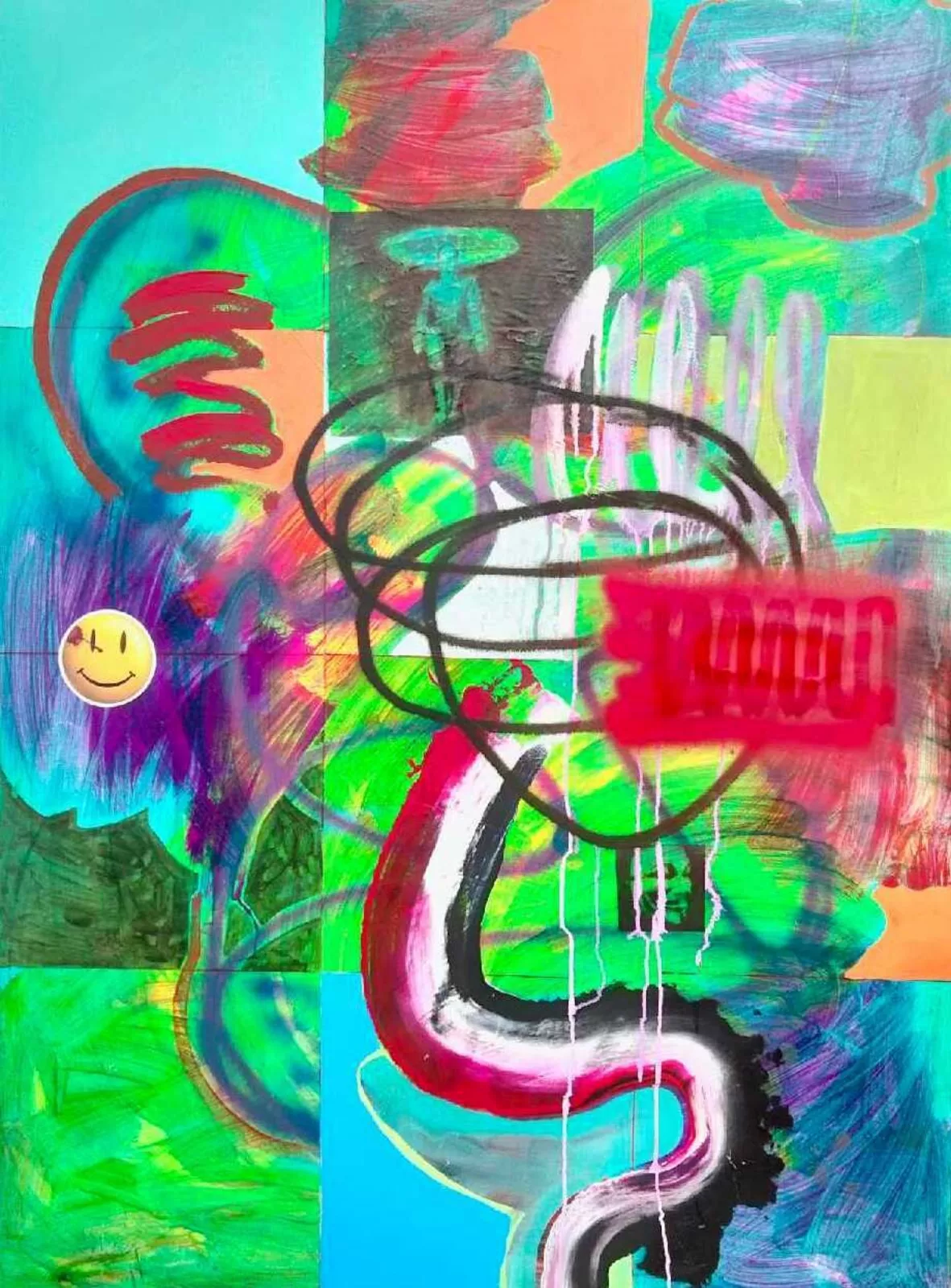 A chaotic, colorful abstract composition blending graffiti-style elements with organic shapes and bright neon colors.