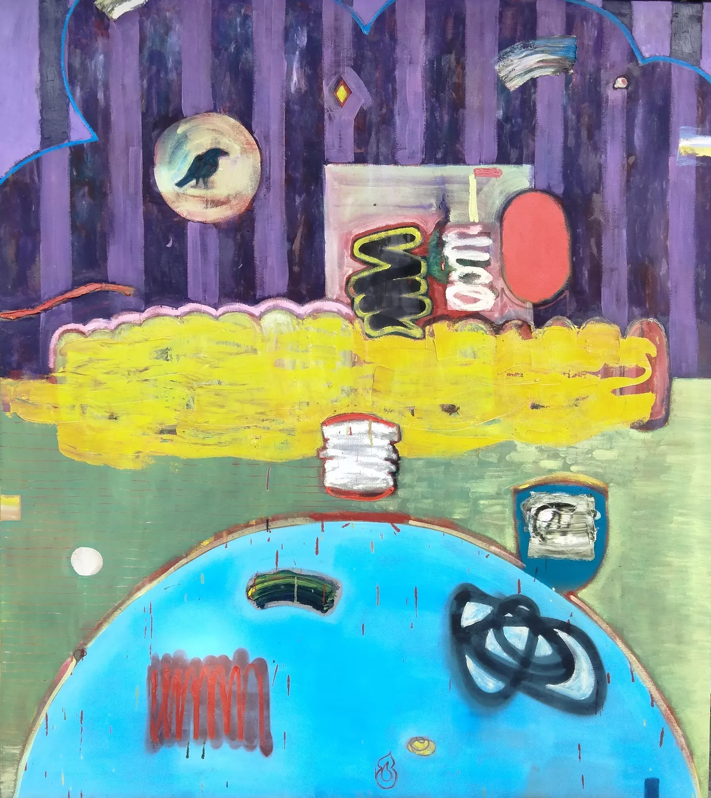 A colorful abstract composition featuring a blue sphere, yellow cloud-like shape, and purple background with graffiti-style elements.