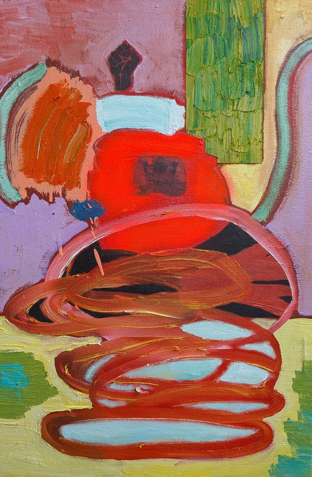 A vibrant still life featuring a red teapot with a spiral handle against a colorful, textured background.