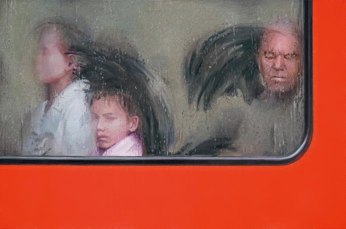 A painting of a man and two children looking out of a window.