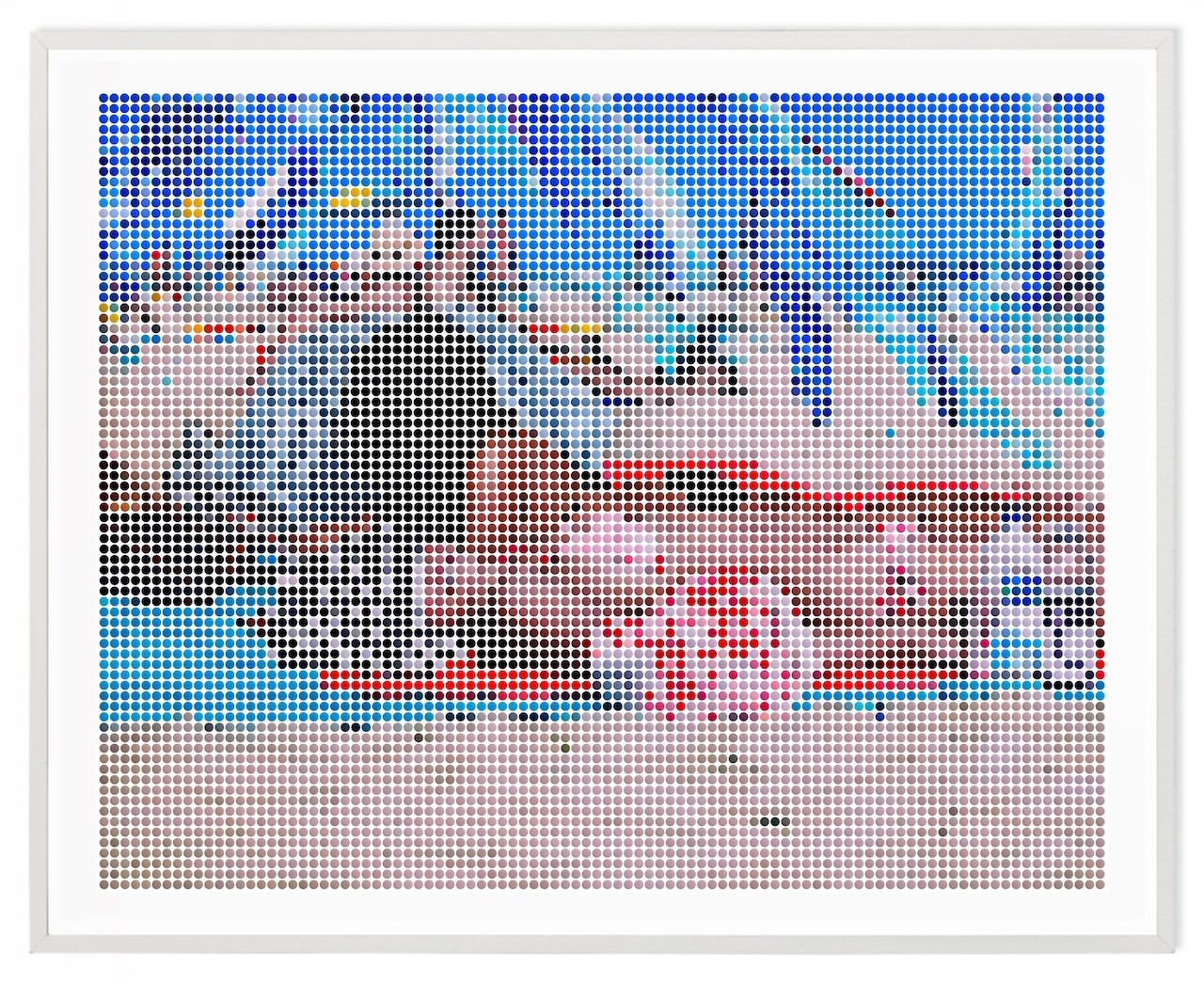 A pixelated portrait of a person with blue hair and red lips, rendered in a dot-matrix style.