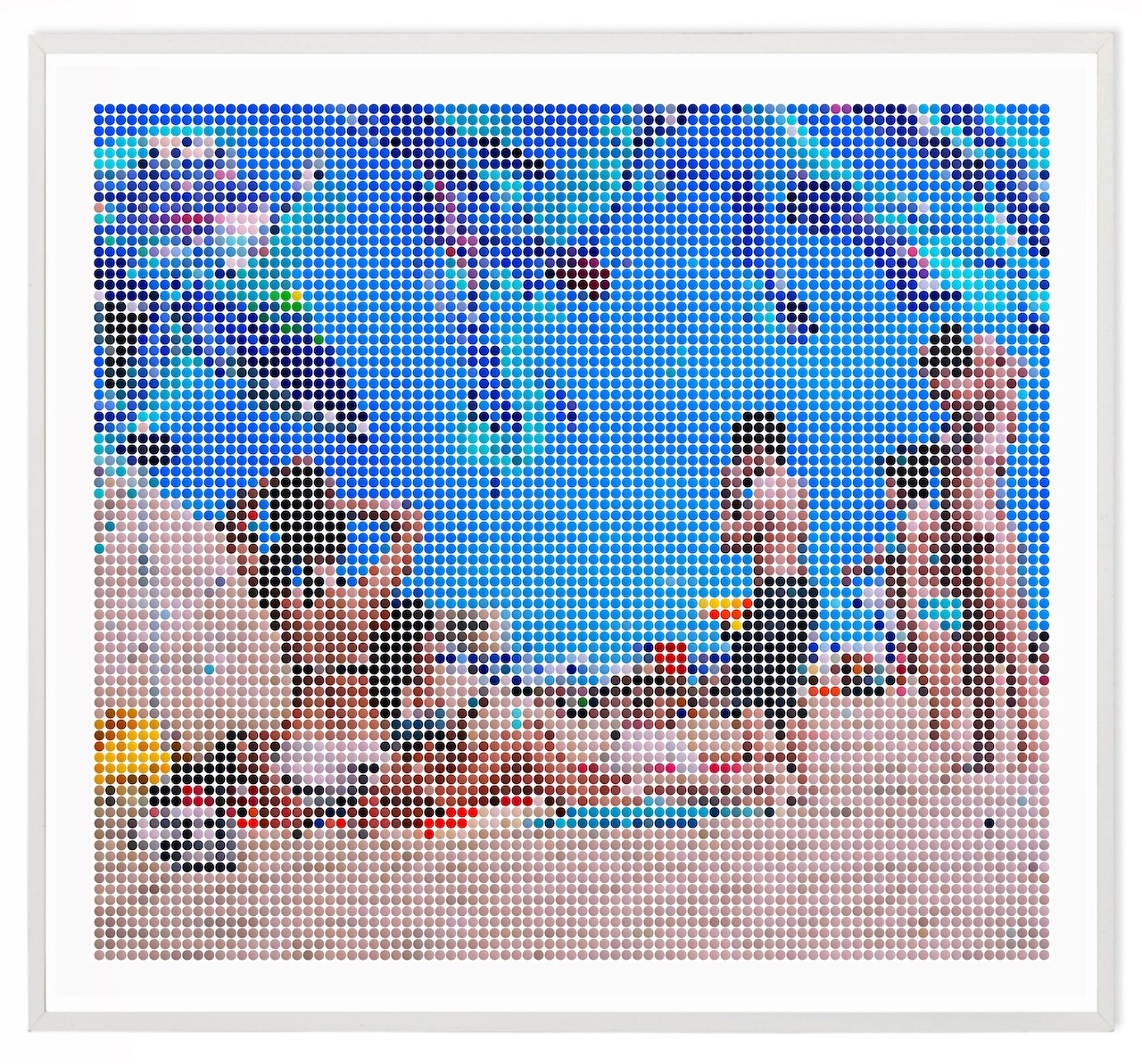 A pixelated portrait of a figure in a blue and brown color palette.