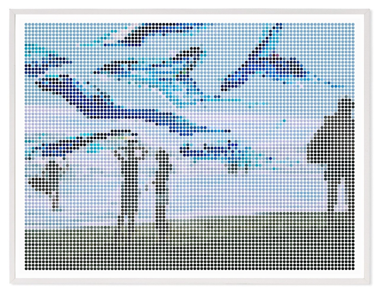 A pixelated portrait of a person with blue hair and glasses, rendered in a dot-matrix style.