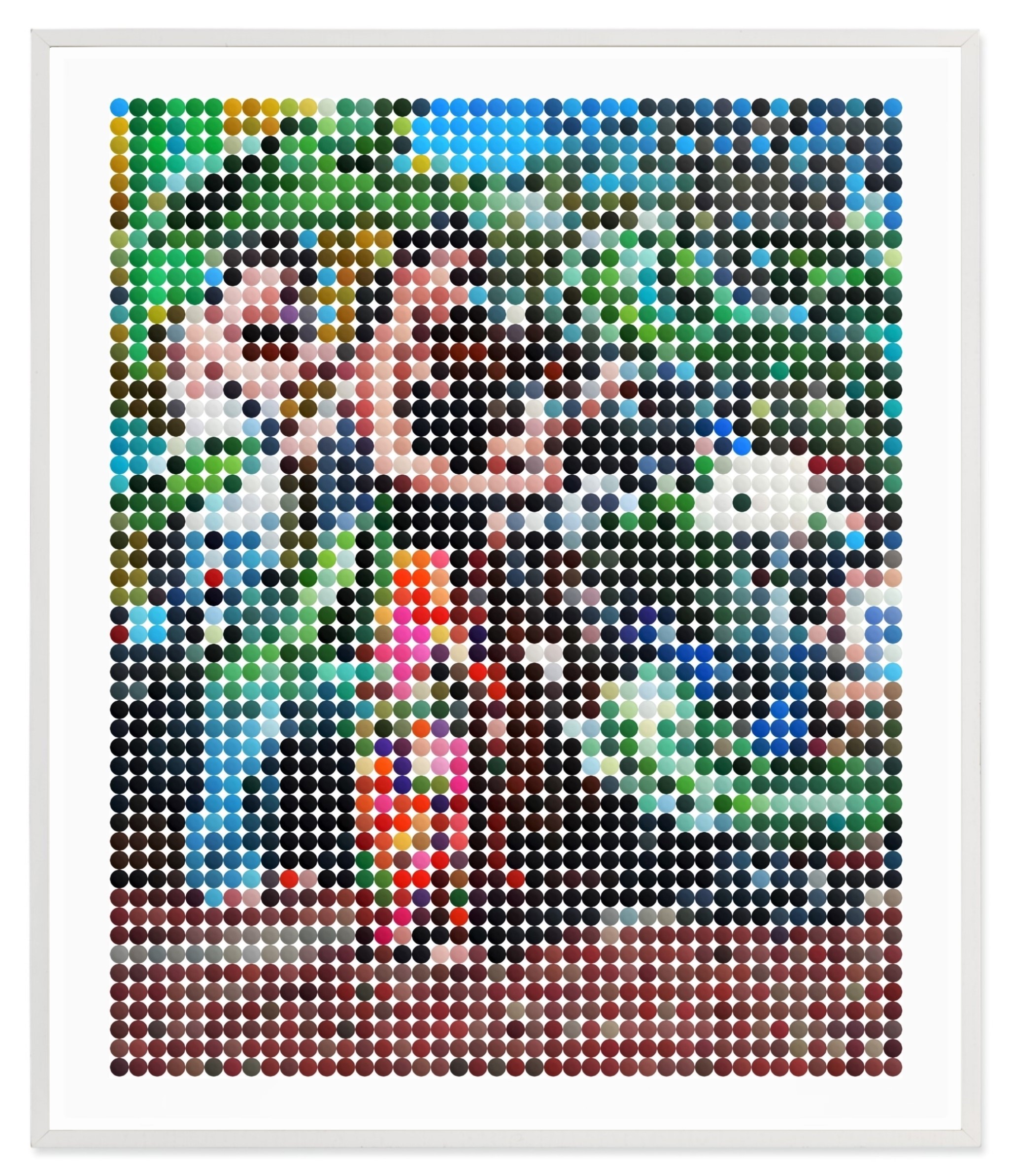A pixelated portrait of a figure in a park setting.