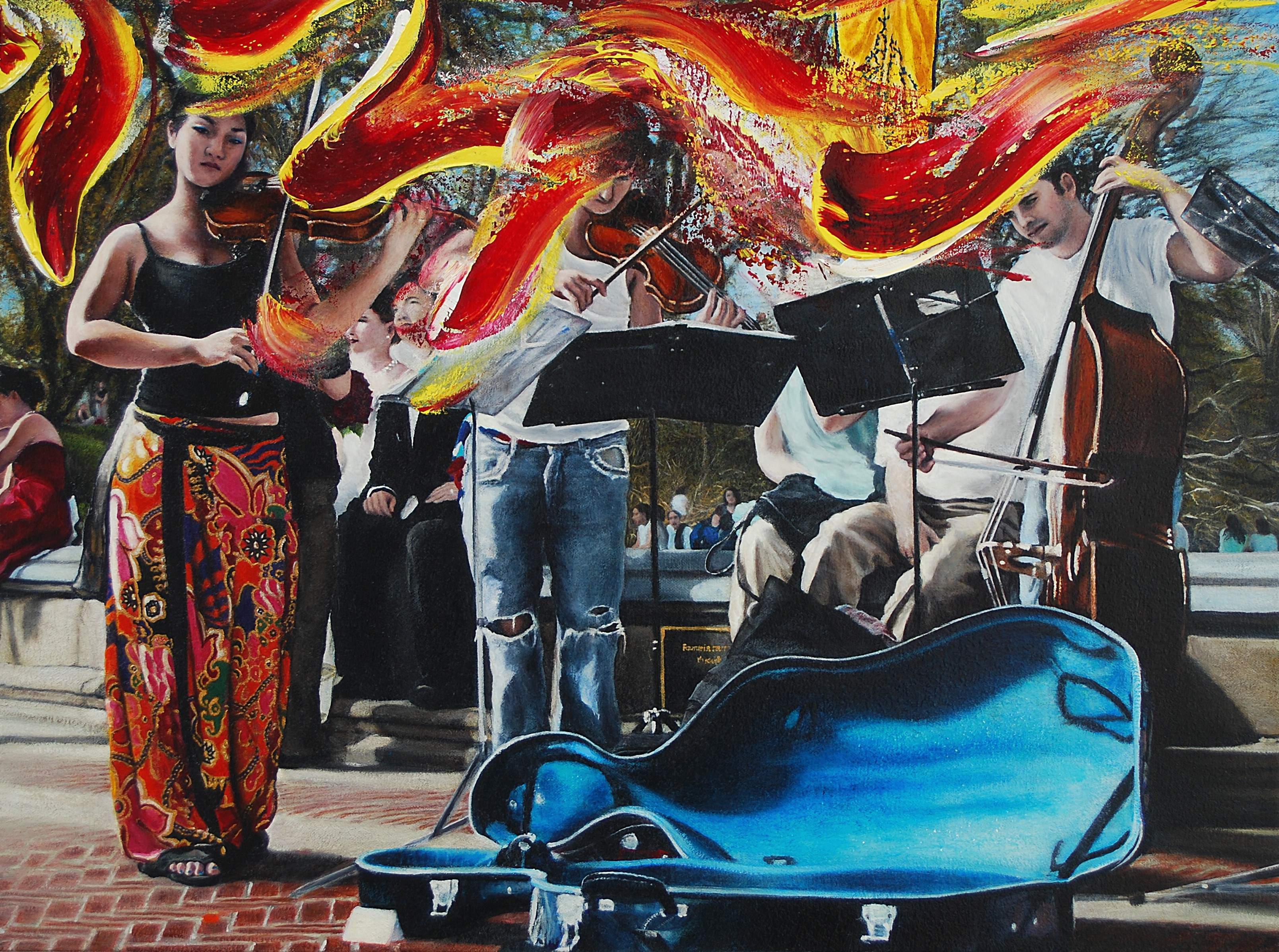 A painting of a group of people playing music on a stage.