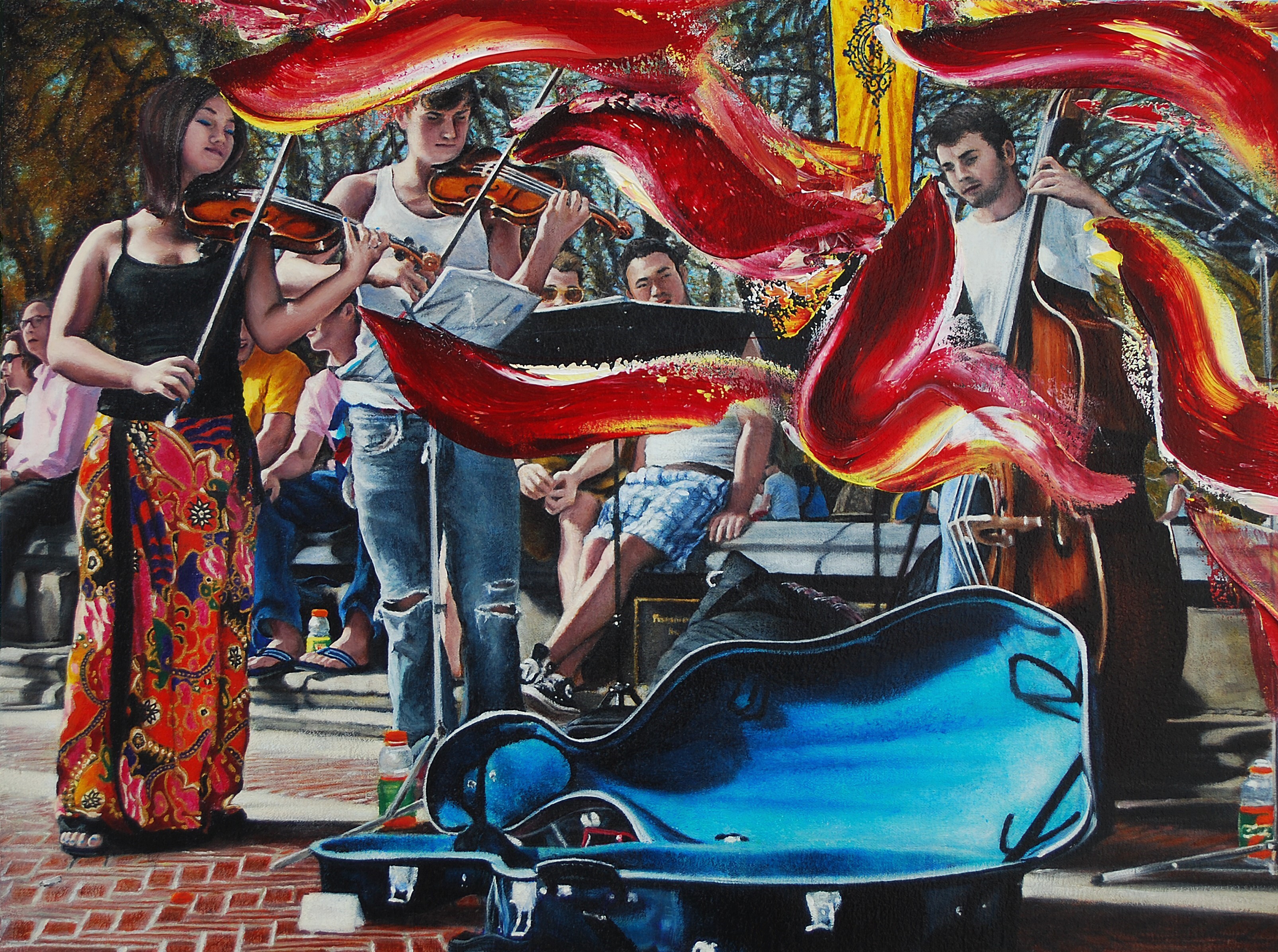 A painting of a group of people playing music on a street.
