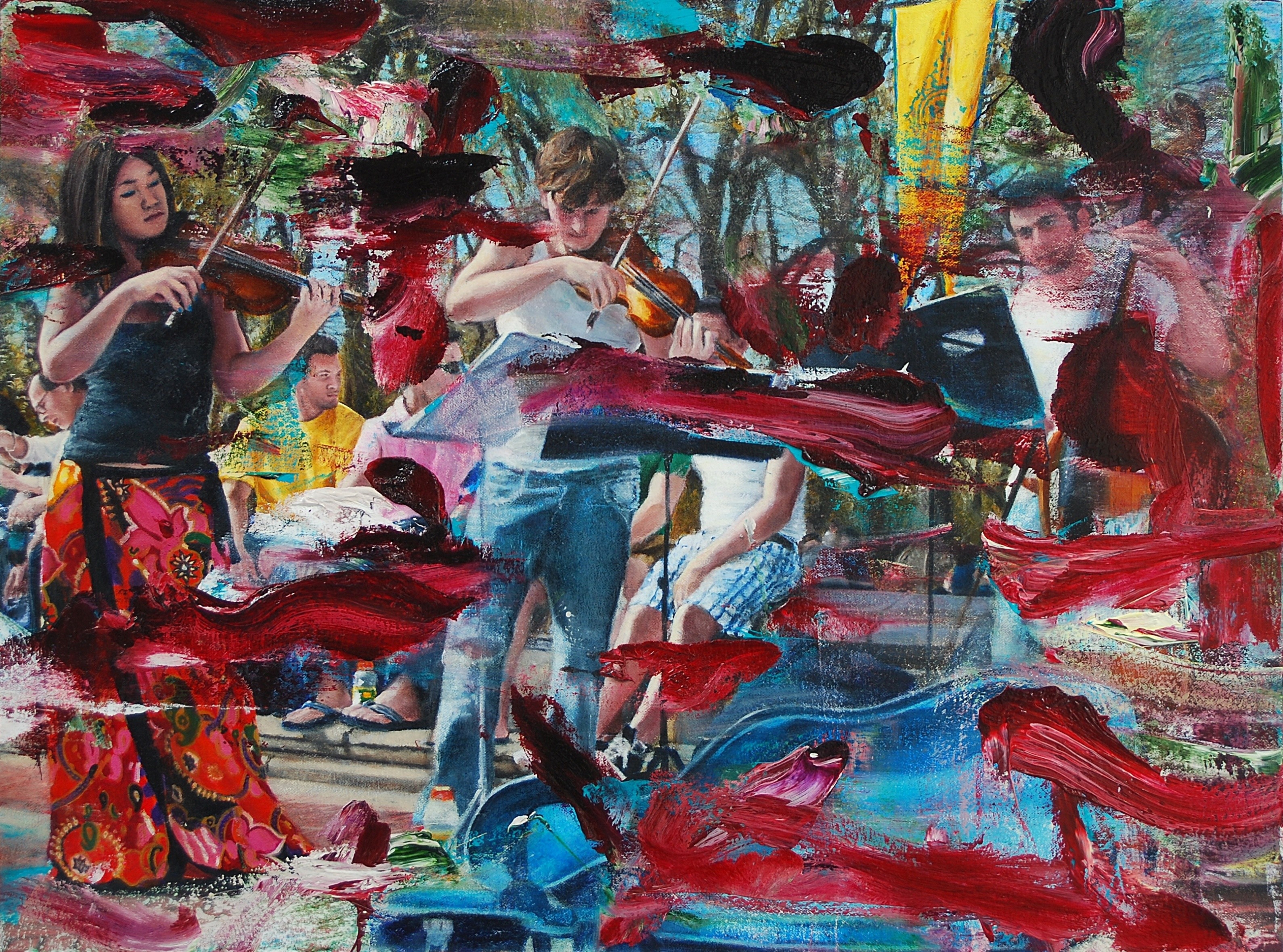 A painting of a group of people playing instruments in a park.