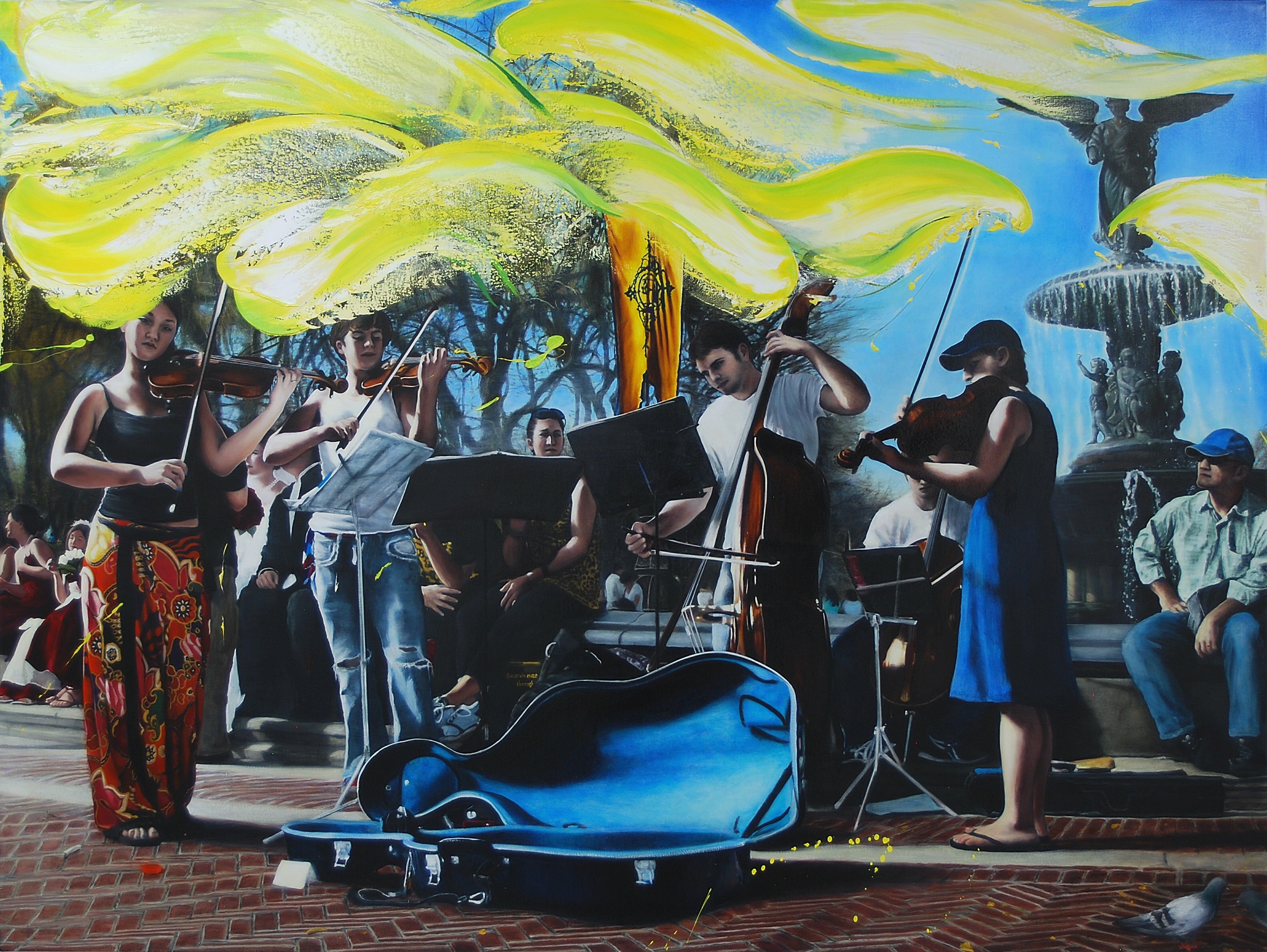 A painting of a group of people playing music in a park.